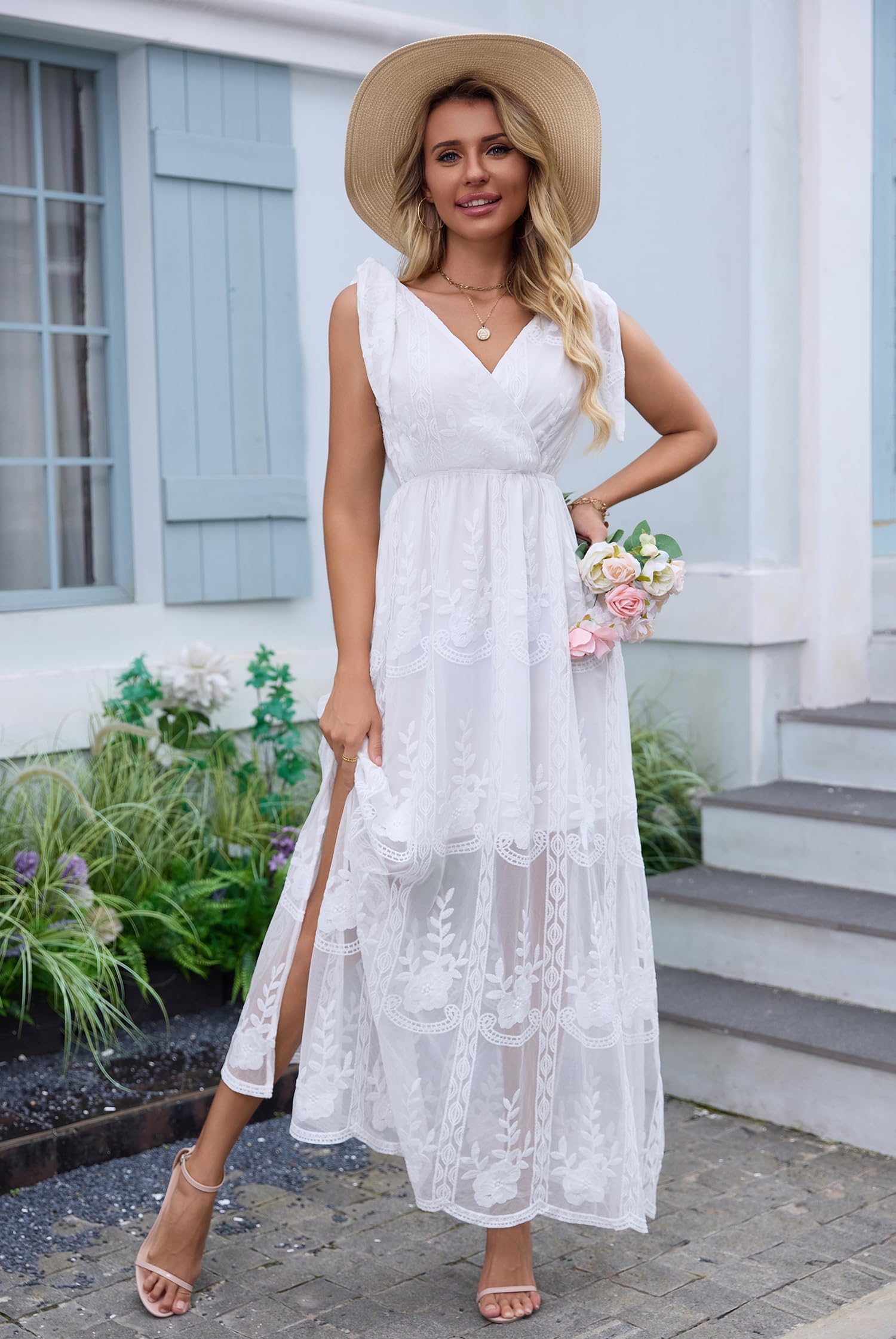 MERMAID'S CLOSET Robe Longue Maxi à Dentelle Fleurie sans Manches (décolleté en V) pour Femme, Style bohème, Fluide, pour invité de Mariage, Occasion Formelle, fête, Printemps