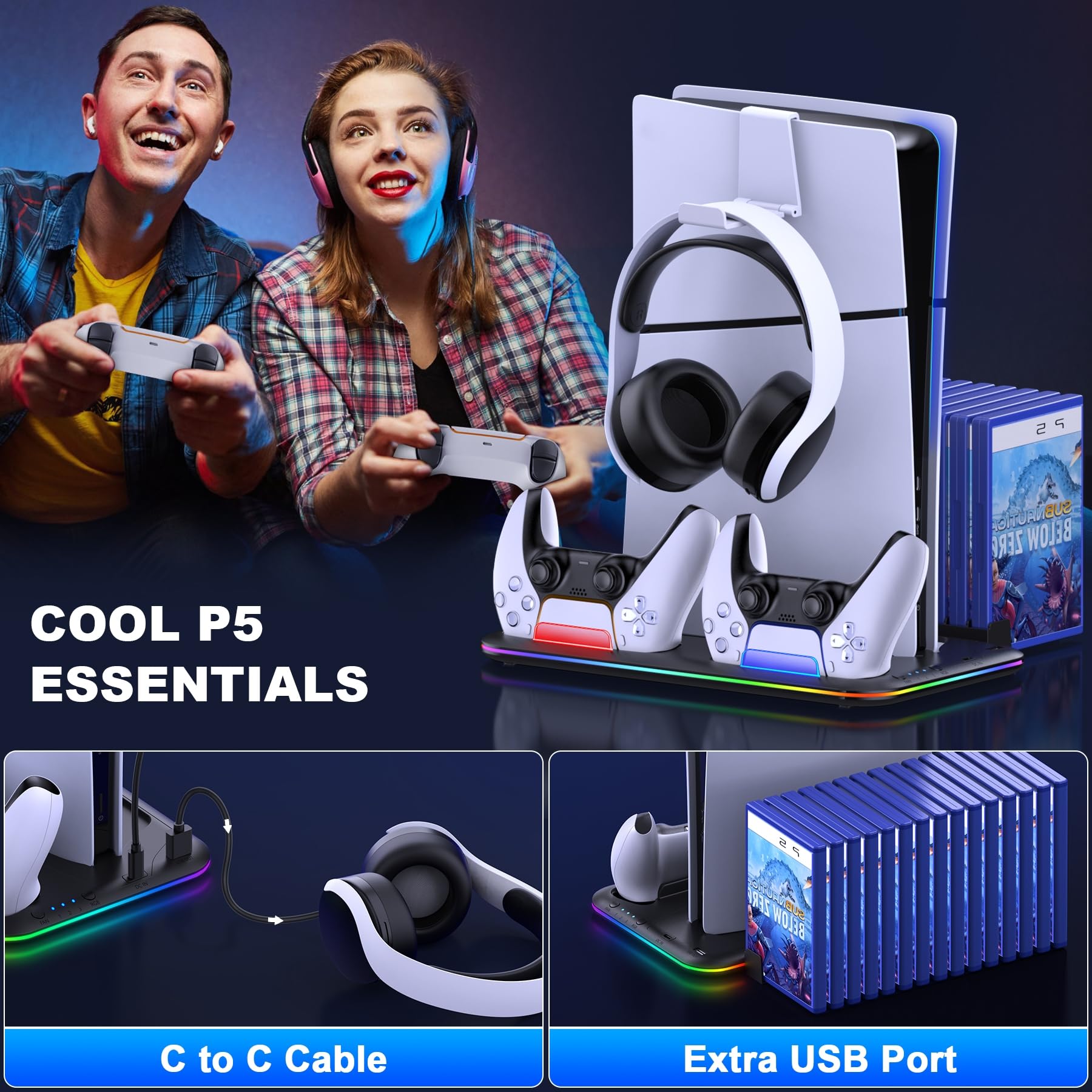 HELLCOOL Base PS5 Slim, Supporto con Ventola di Raffreddamento/Luci RGB/Doppio Ricarica Controller/Supporto per Cuffie/15 Slot di Gioco, Stand per PS5 Disc/Digital Edition