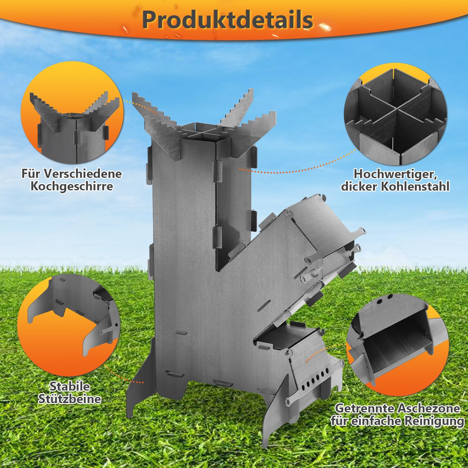 Raketenofen mit Grillplatte und Feuerhaken, Rocket Stove Outdoor, Stecksystem, 3 mm dickem Stahl, Holzofen Campingofen Pelletofen für Dutch Oven BBQ