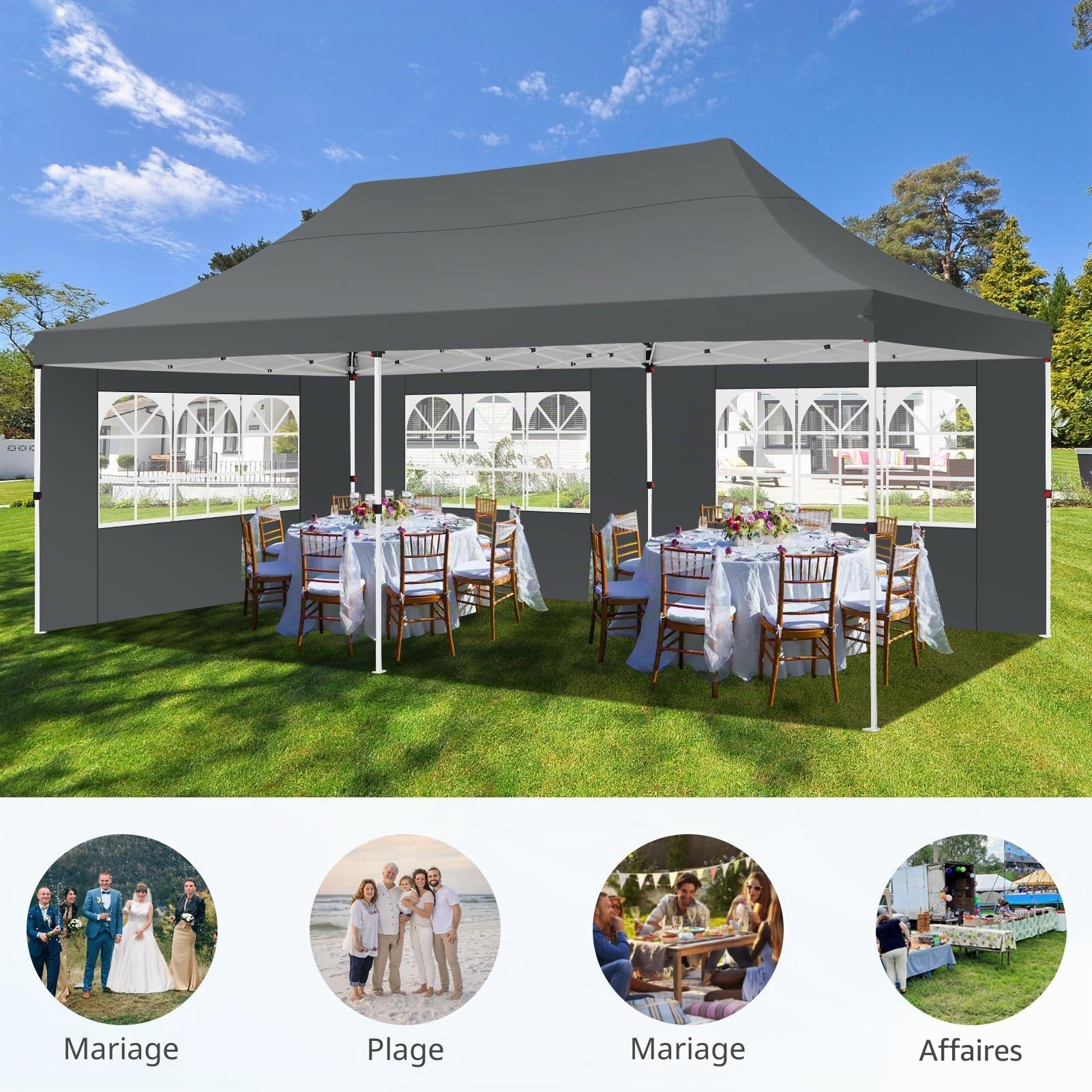 COBIZI Tonnelle Pliante 3x6m Tonnelle de Jardin Imperméable Barnum Pliant avec 6 Parois Latérales UV Protection 50+ Tonnelle de Jardin pour Plage,Mariage,Camping, Gris