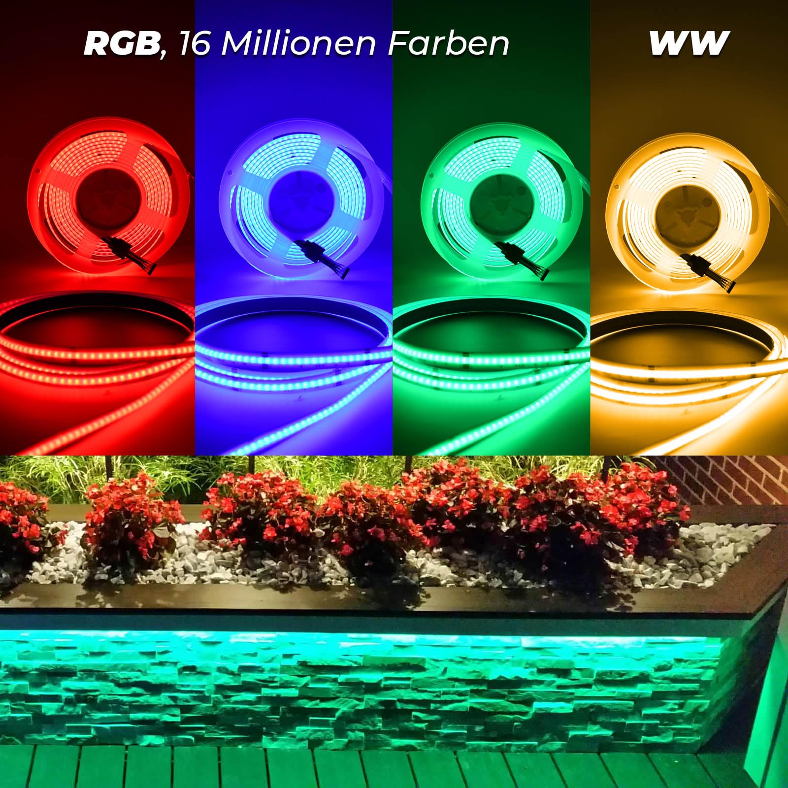 10M Wifi 24V COB Striscia LED RGB+Bianco caldo Senza alimentazione elettrica, 672LEDs/m Striscia LED dimmerabile Multicolore Senza alimentazione elettrica LED Nastro Striscia Luminosa LED COB Strip