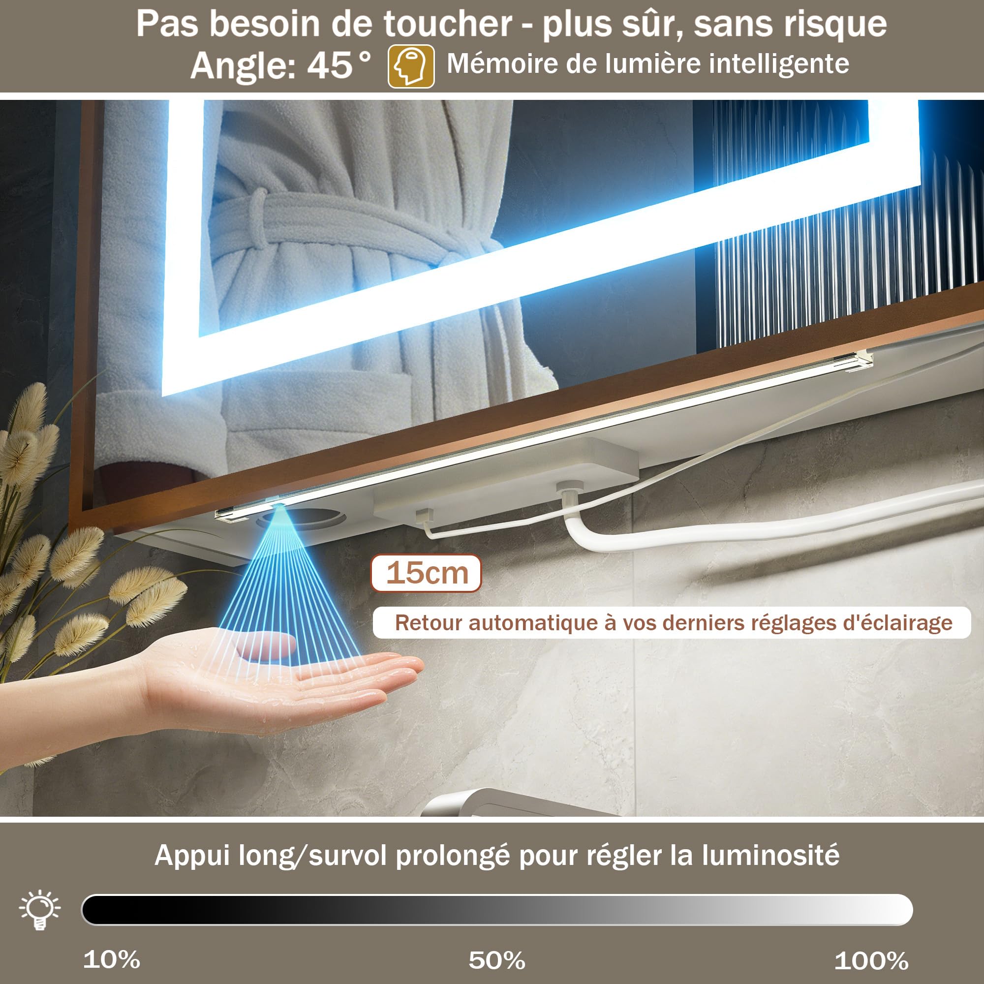Armoire Salle de Bain avec Miroir Éclairage LED Murale Armoire Miroir avec Prise (2*AC+3*USB) et Fonction Antibuée Arqué Armoire de Toilette avec 3 Étagère 60x90x15 cm Doré et Beige