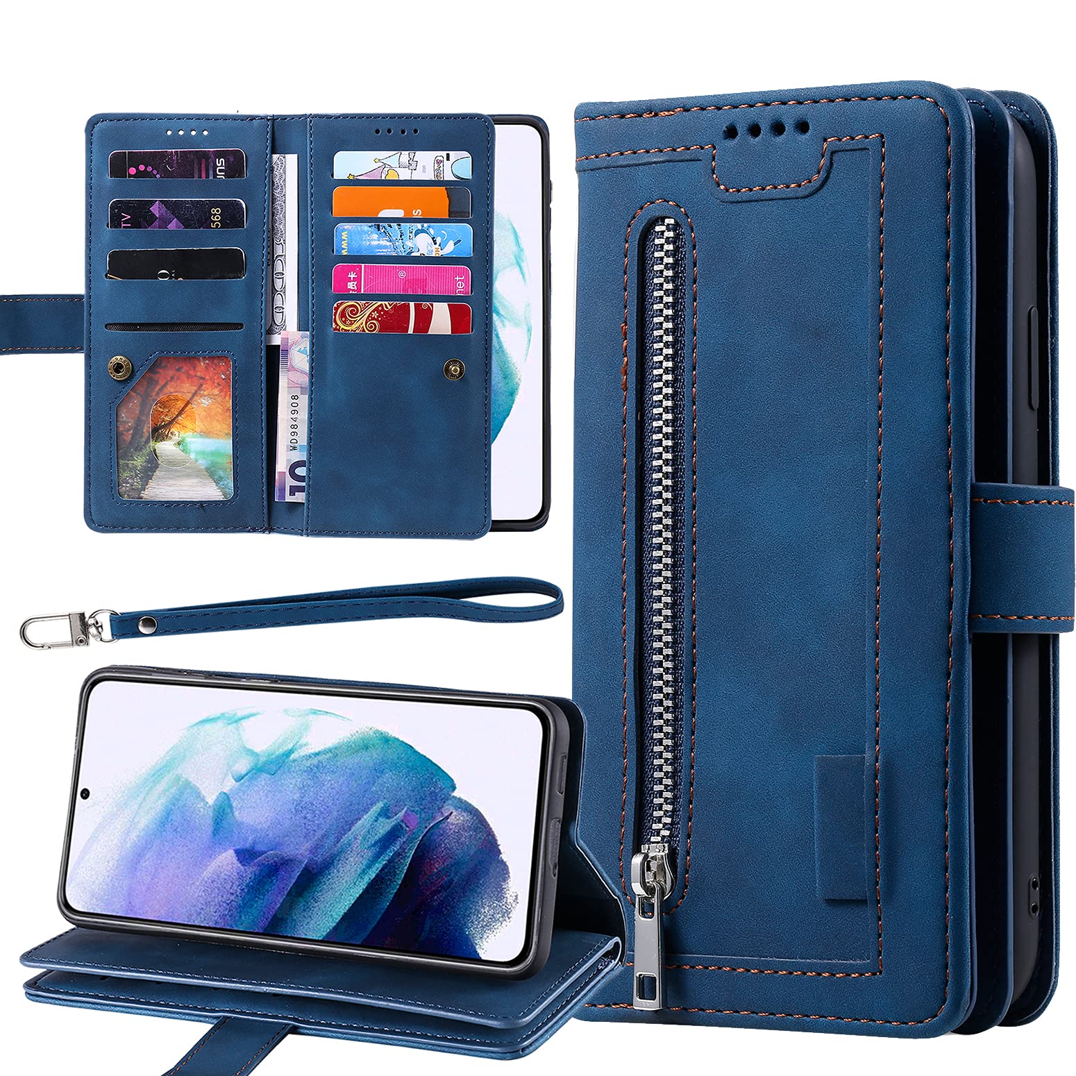 Harsel Galaxy S21 Plus Ultra 5G Zipper Wallet Case 9 Card Slots Holders Premium PU Leather Wallet Purse Folio Flip Protective Cover with Wristlet Strap for Women (Navy Blue, Galaxy S21 Ultra)