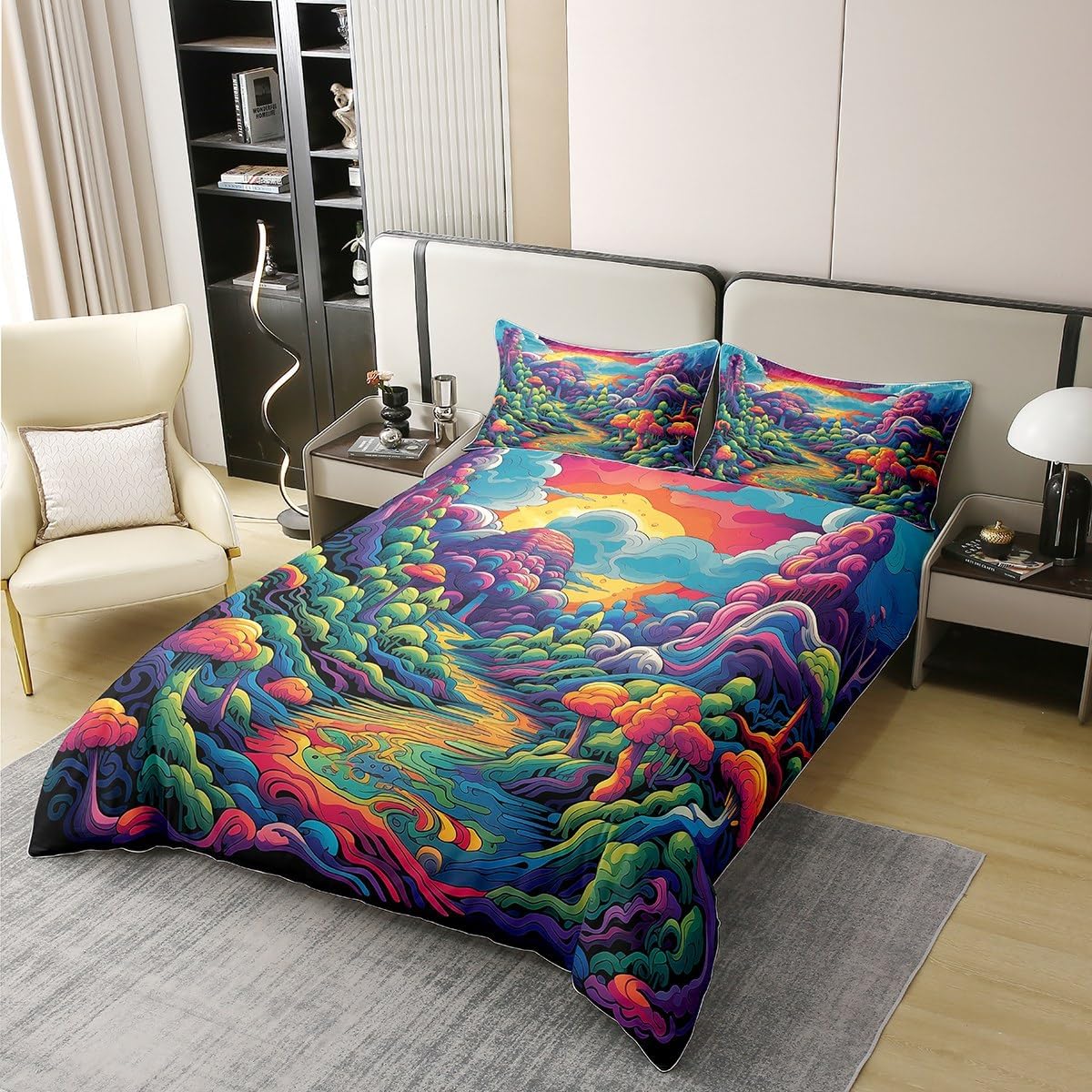 Erosebridal 100% Cotton Girls Mushroom Comforter Cover,Rainbow Mushroom Cloud Pattern Duvet Cover Queen Size for Kids Teens Girls Funny Fantastic Imagination Bedding Set,Bedroom Decor