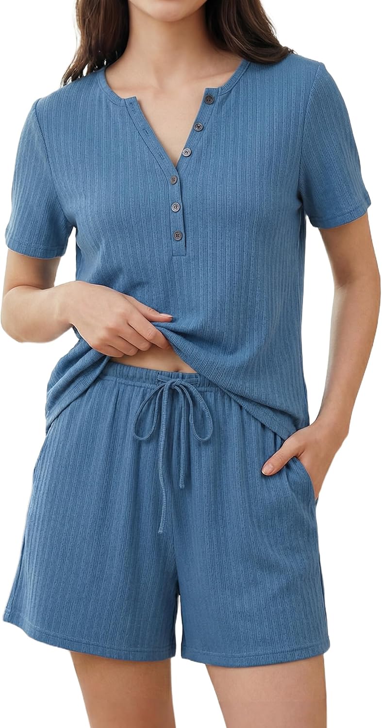 OUGES Women's 100% Cotton 2 Piece Maternity Nursing Pajama Sets Pregnancy Postpartum Loungewear with Pockets