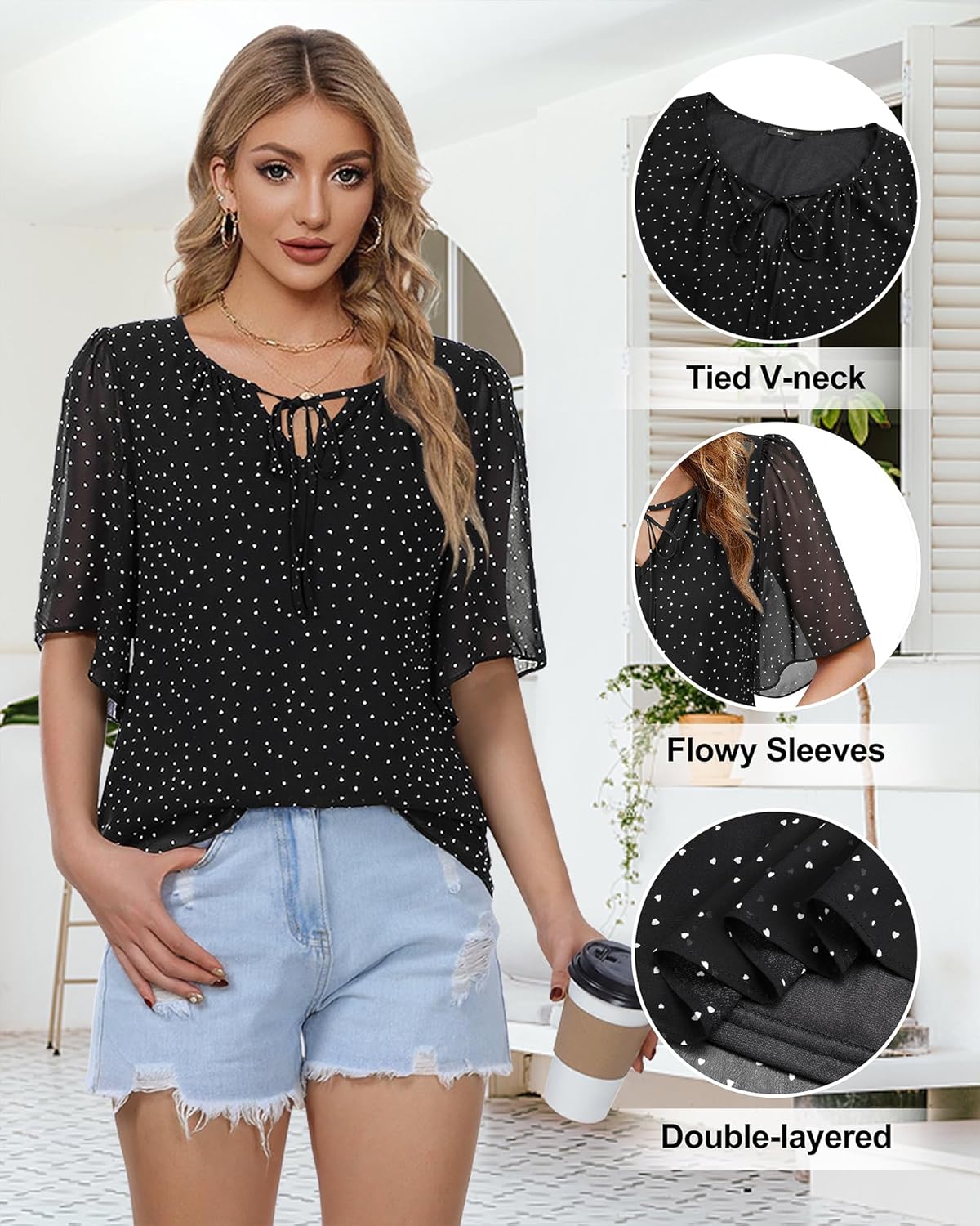 Lotusmile Womens Blouses Dressy Casual Half Bell Sleeve Chiffon Office Attire Business Work Tops Trendy - Image 5