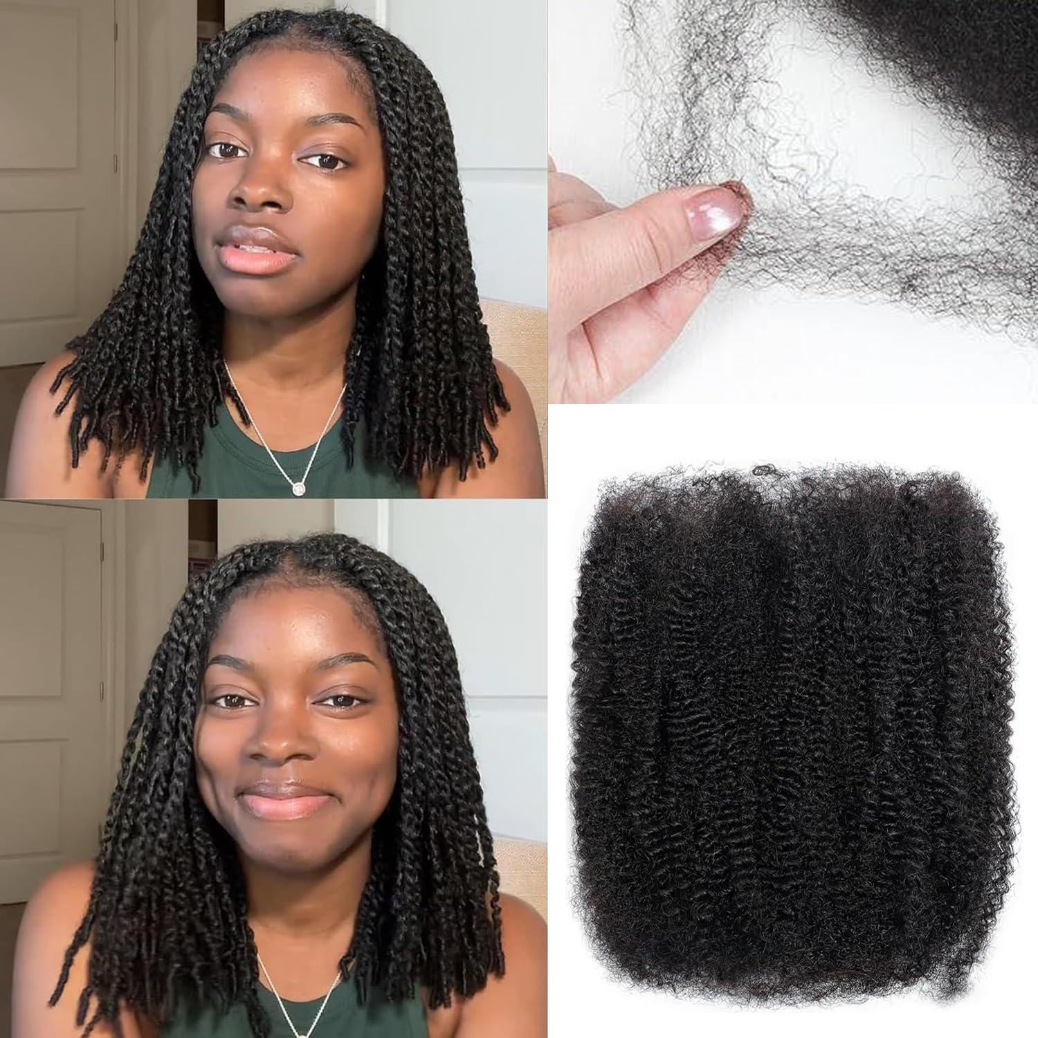 Afro Kinkys Bulk Human Hair for Dreadlock Extensions 3 Packs 150g/Pack Mini Twist Braiding Hair 4C Afro Kinky-Curly Human Hair Springy Twist for Repair Locs (1B#