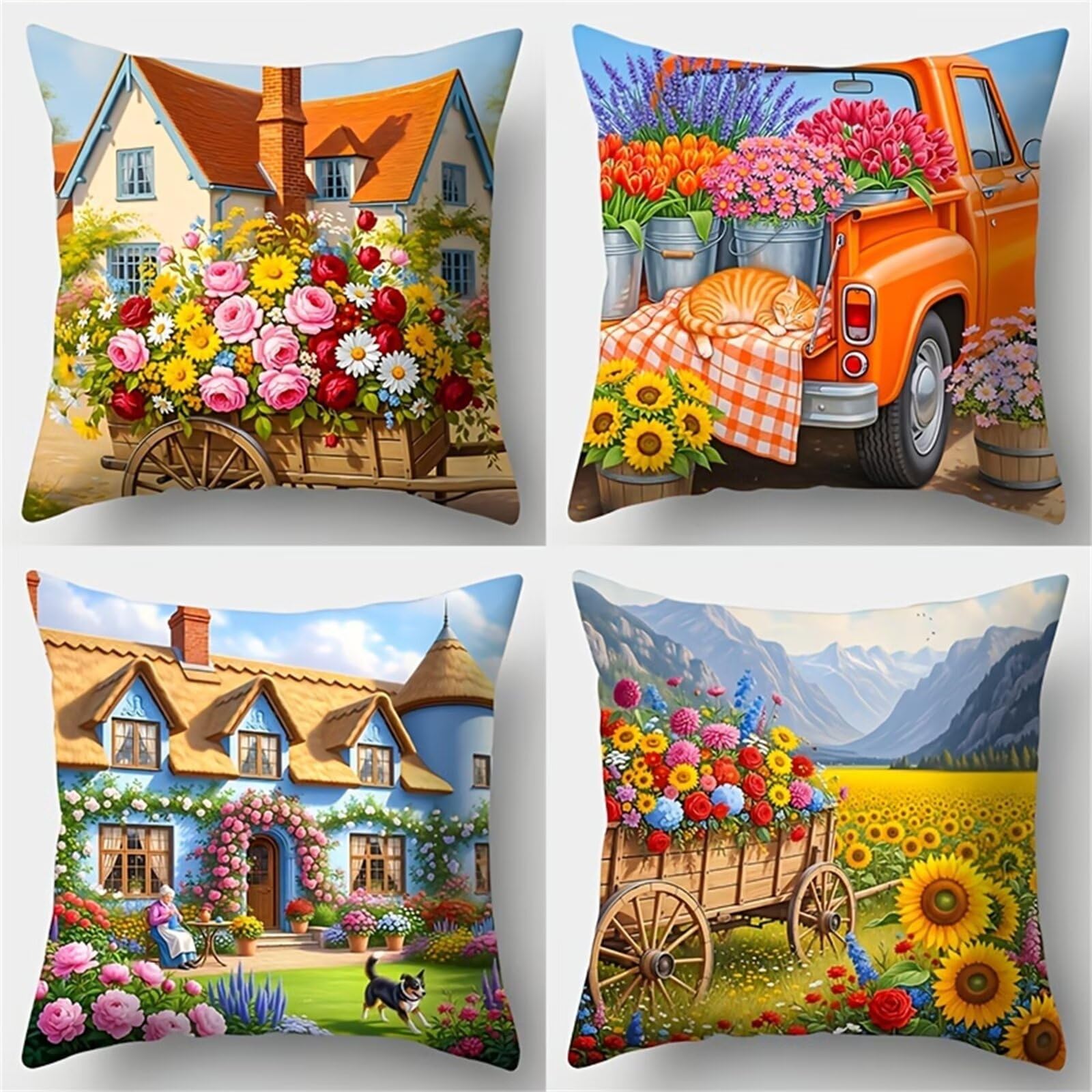 Fundas de Cojines 60x60 cm, Juego de 4 Fundas para Cojines Decorativas de Lino, Flores Granja, Fundas de Almohada para Sofá, Silla y Decoración de Interiores