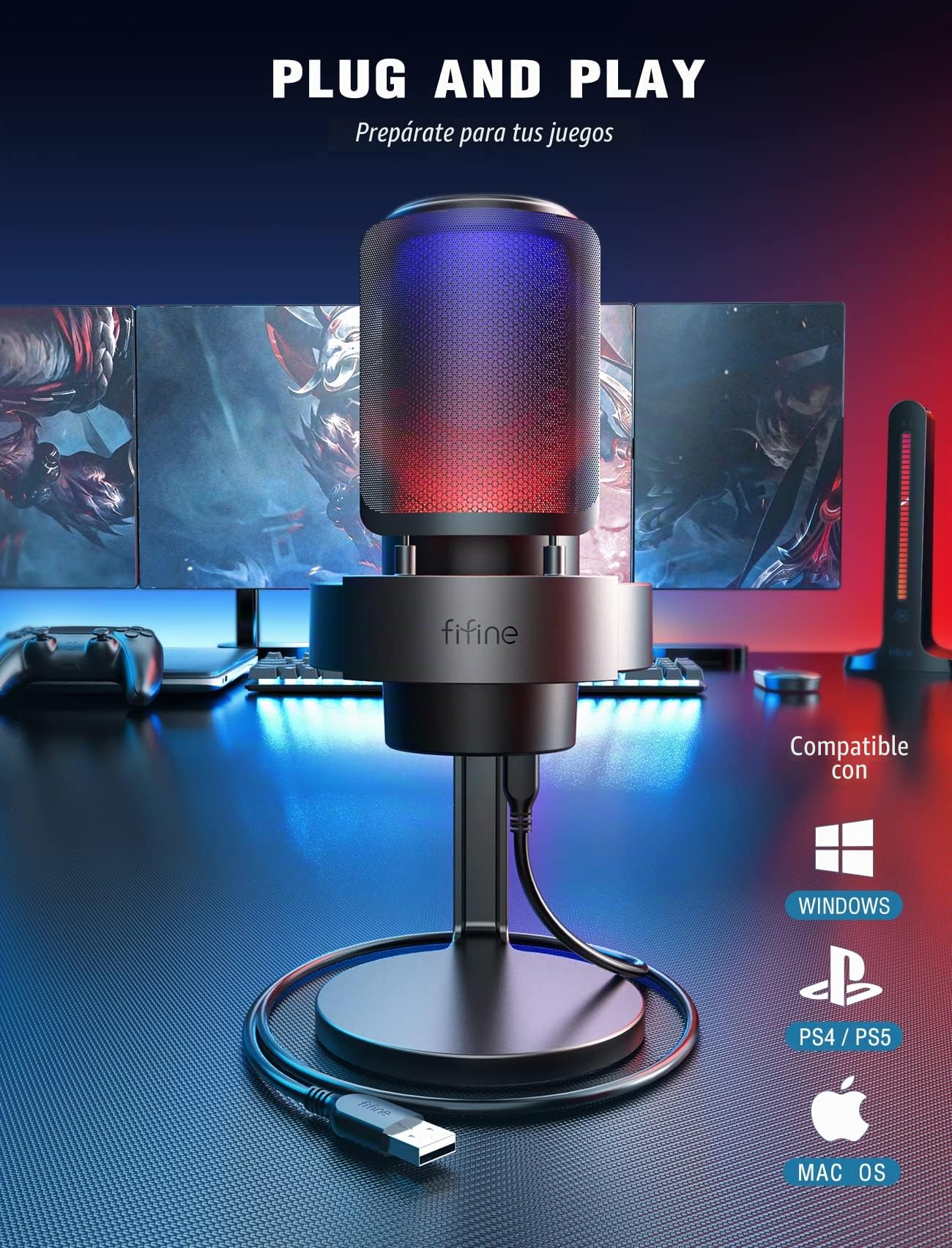 FIFINE USB Gaming Microfono para PC Mac PS4 PS5, RGB Condensador Micrófono per Streaming, Podcasts, con Control RGB, Mute Touch, Conector para Auriculares, Filtro Anti-Pop