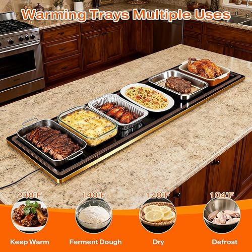Miniatura 5 de Bandeja de calentamiento eléctrica para bufés de fiesta (51 x 12 pulgadas) Tapete de calentamiento de alimentos con 12 ajustes de temperatura,