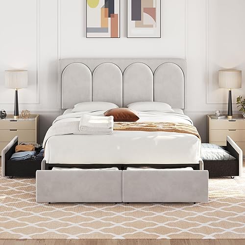 Miniatura 3 de Yaheetech Base de cama tamaño matrimonial con plataforma tapizada con 4 cajones de almacenamiento y cabecera ajustable, cabecera copetuda con canal