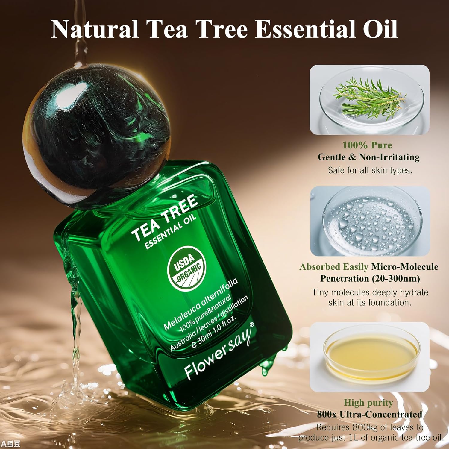 Flower Say Tea Tree Essential Oil for Skin, USDA Organic Tea Tree Oil for Hair, 100% Pure & Nature Essential Oil for Toenails, Diffuser, Aromatherapy-30ml - Image 6