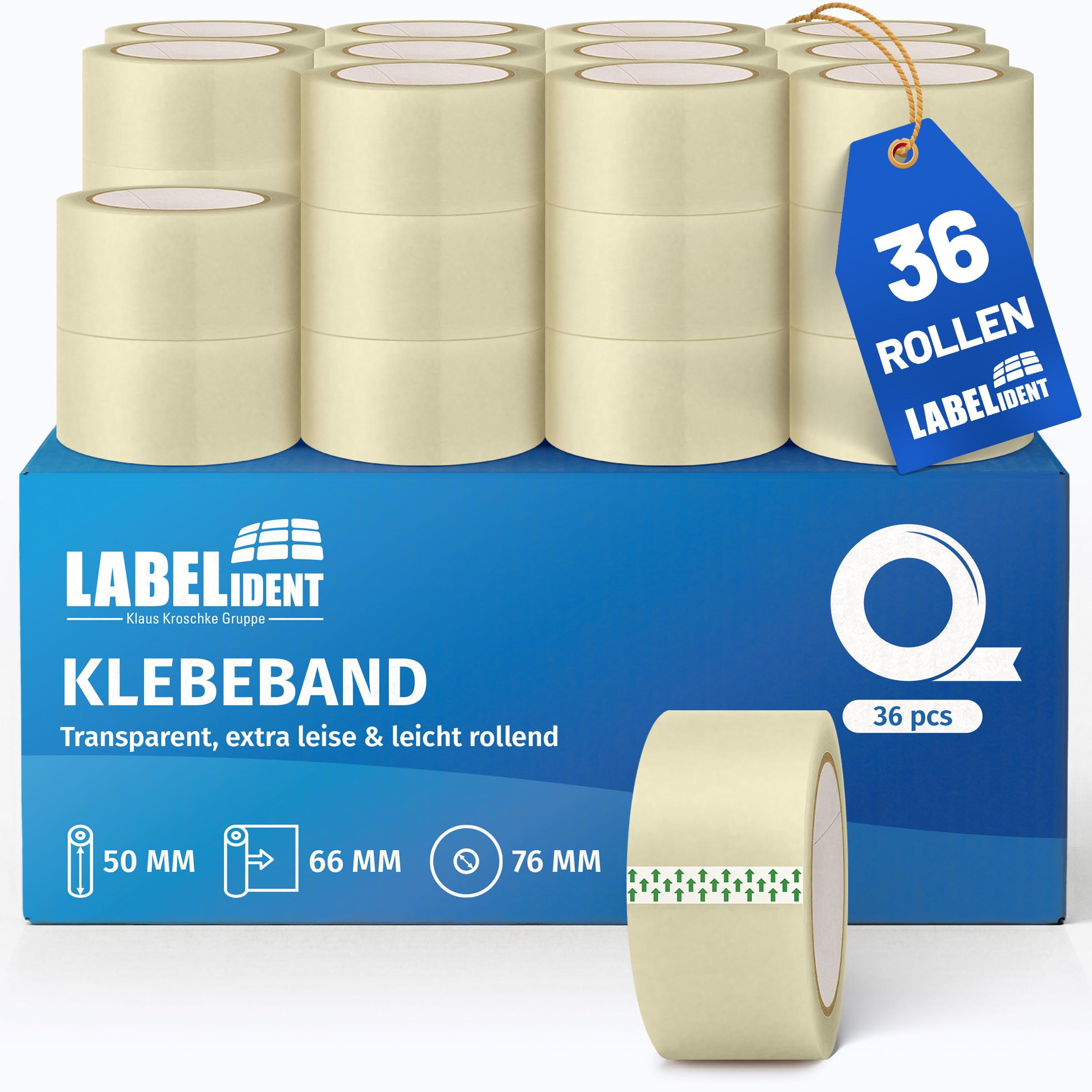 Labelident 36 Rollen Paketband transparent 50 mm x 66 m - leises Packband, geräuscharmes Verpackungsband für Pakete und Versandkartons