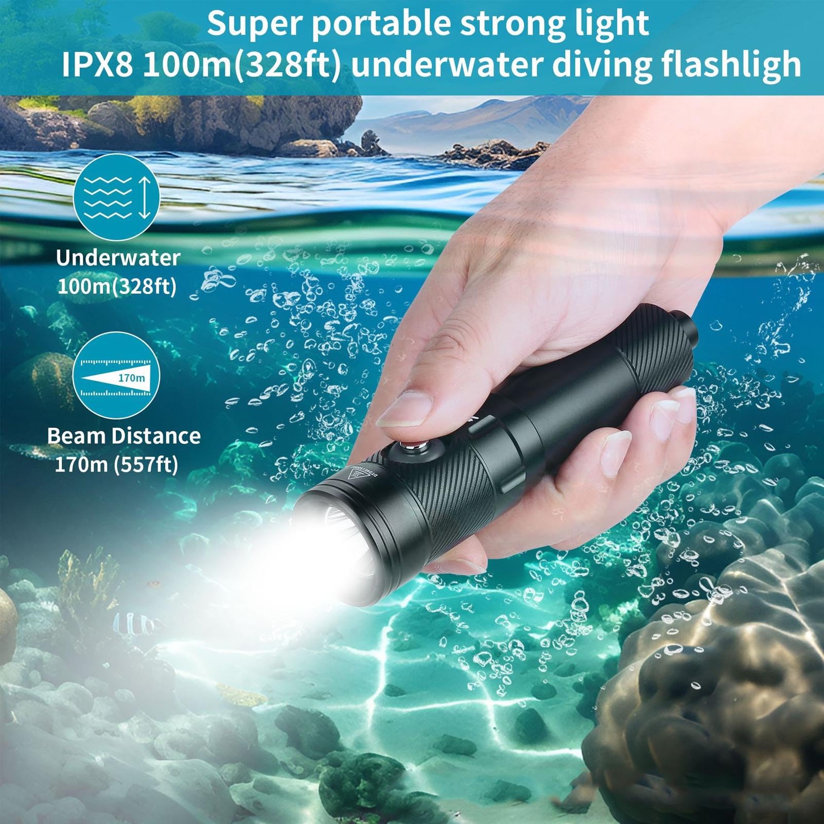 Torcia Impermeabile Professionale da 1200LM per Immersioni Subacquee con Indicatore di Alimentazione per Pesca in Campeggio