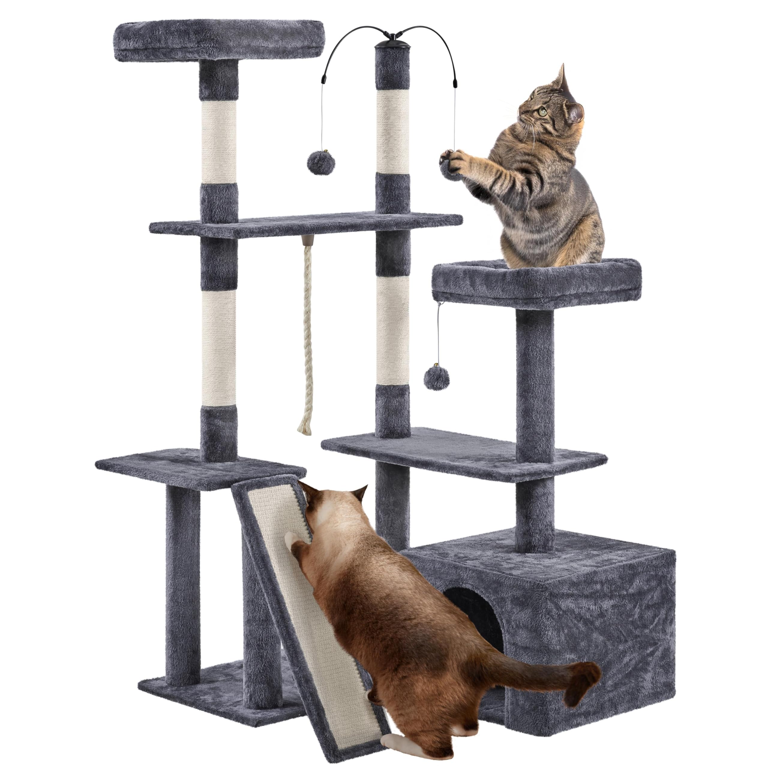Yaheetech 136cm Cat Tree, Large Sturdy Cat Tower with Plush Condo for Indoor Cats, 4 Sisal Posts, Spacious Perches & Dangling Balls, Dark Grey