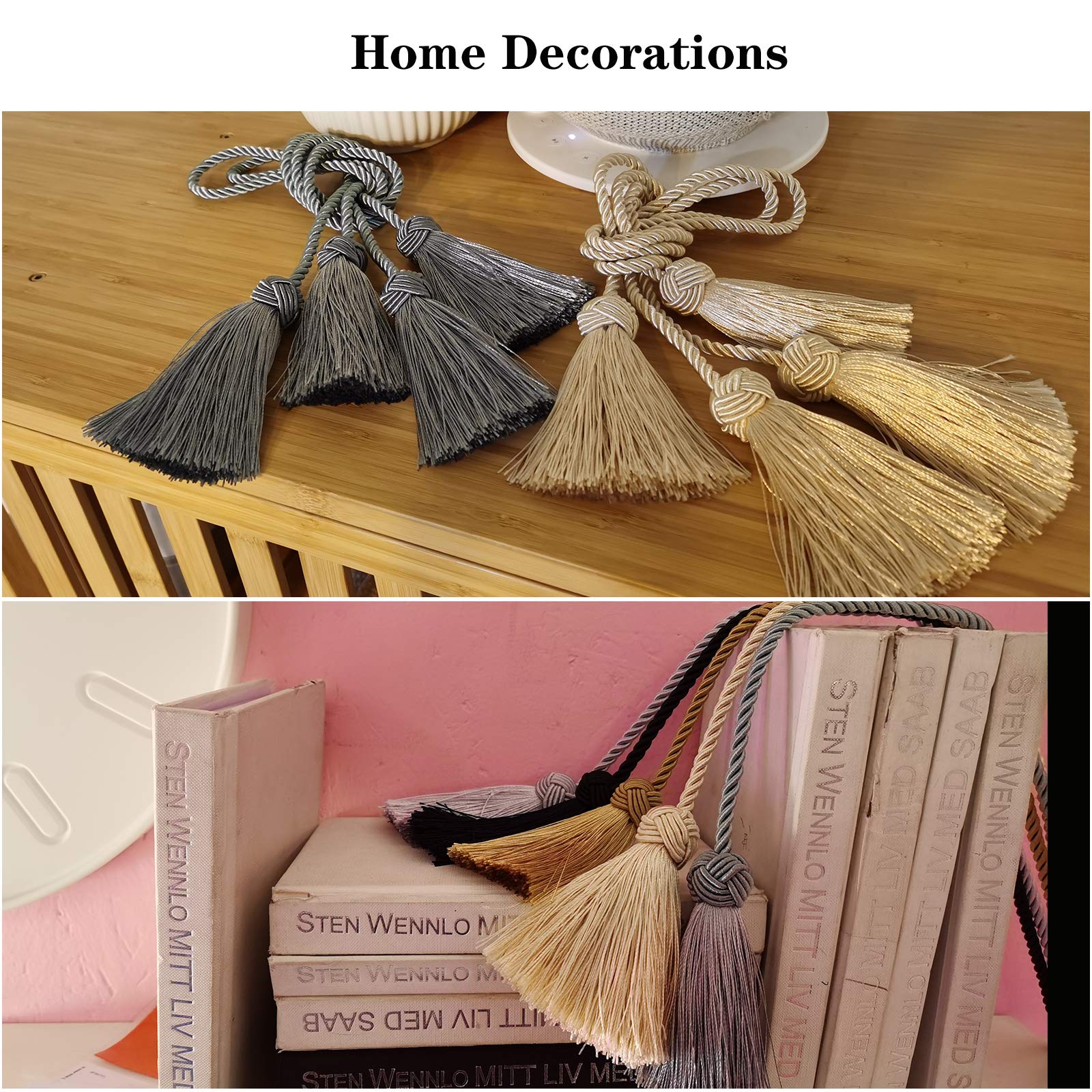 Eleganti fermatende decorativi in corda per tende per tende tessuti a mano con nappa, nero, confezione da 6