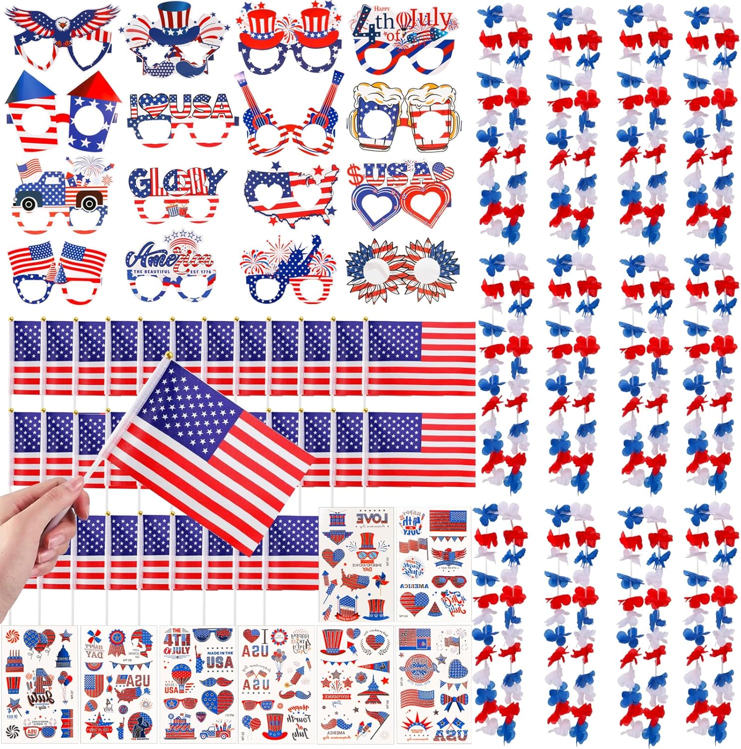 72 Pack Patriotic Leis Red White and Blue Flower Leis, 4th of July Hawaiian Leis, American Flags, Patriotic Paper Glasses and Tattoos for Fourth of July, Memorial Day, Independence Day Decorations