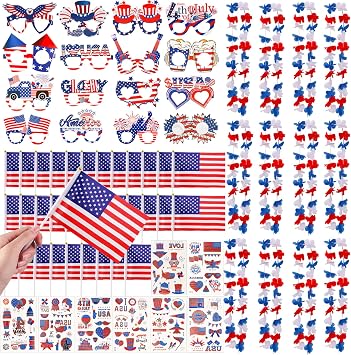 72 Pack Patriotic Leis Red White and Blue Flower Leis, 4th of July Hawaiian Leis, American Flags, Patriotic Paper Glasses and Tattoos for Fourth of July, Memorial Day, Independence Day Decorations