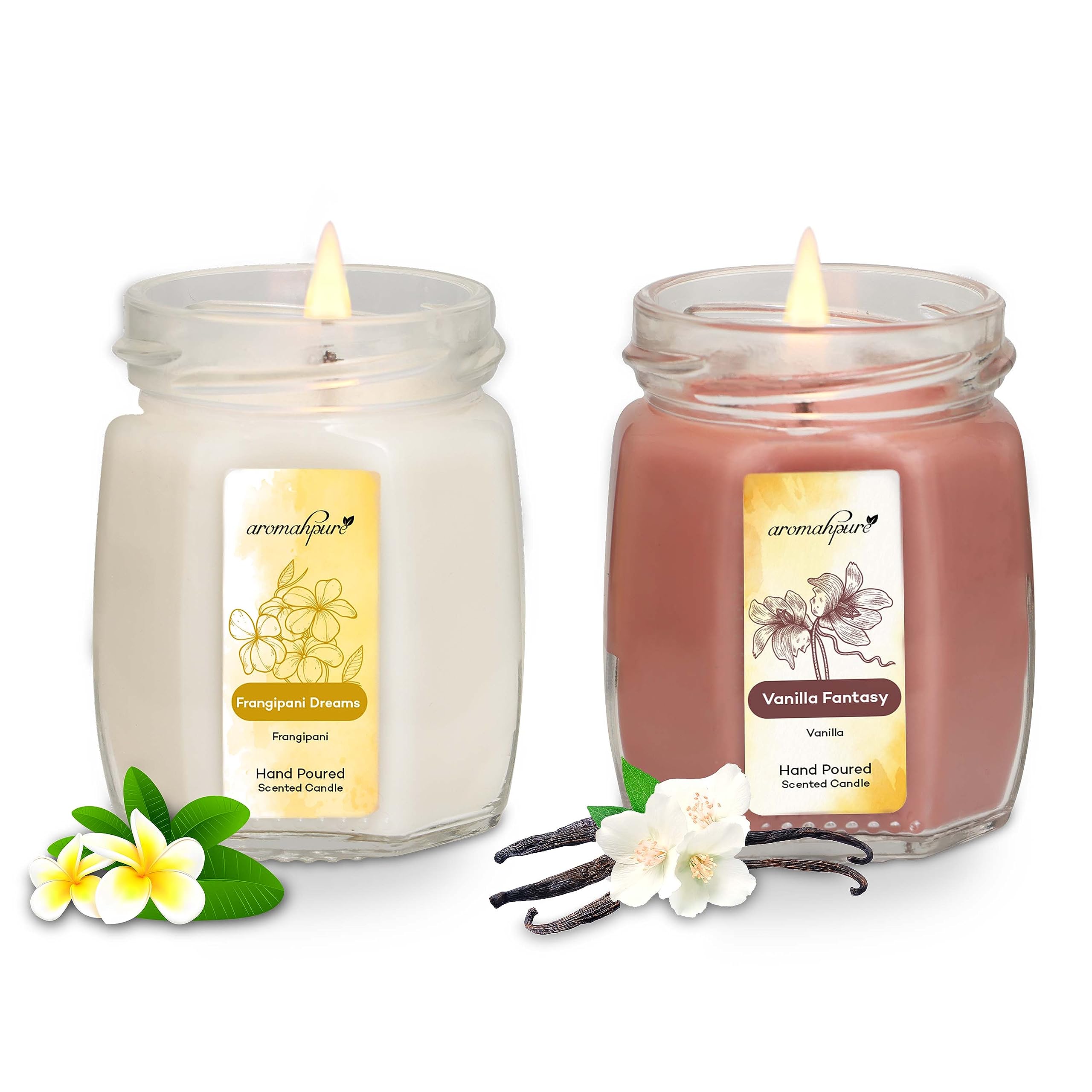 Aromahpure Scented Candles (50 Hours) (100% Soy Wax)- Handcrafted | Smoke-Free | Frangipani Dream- Frangipani, Vanilla Fantasy-Vanilla Fragrance Candles for Home & Gift Sets(Pack of 2)