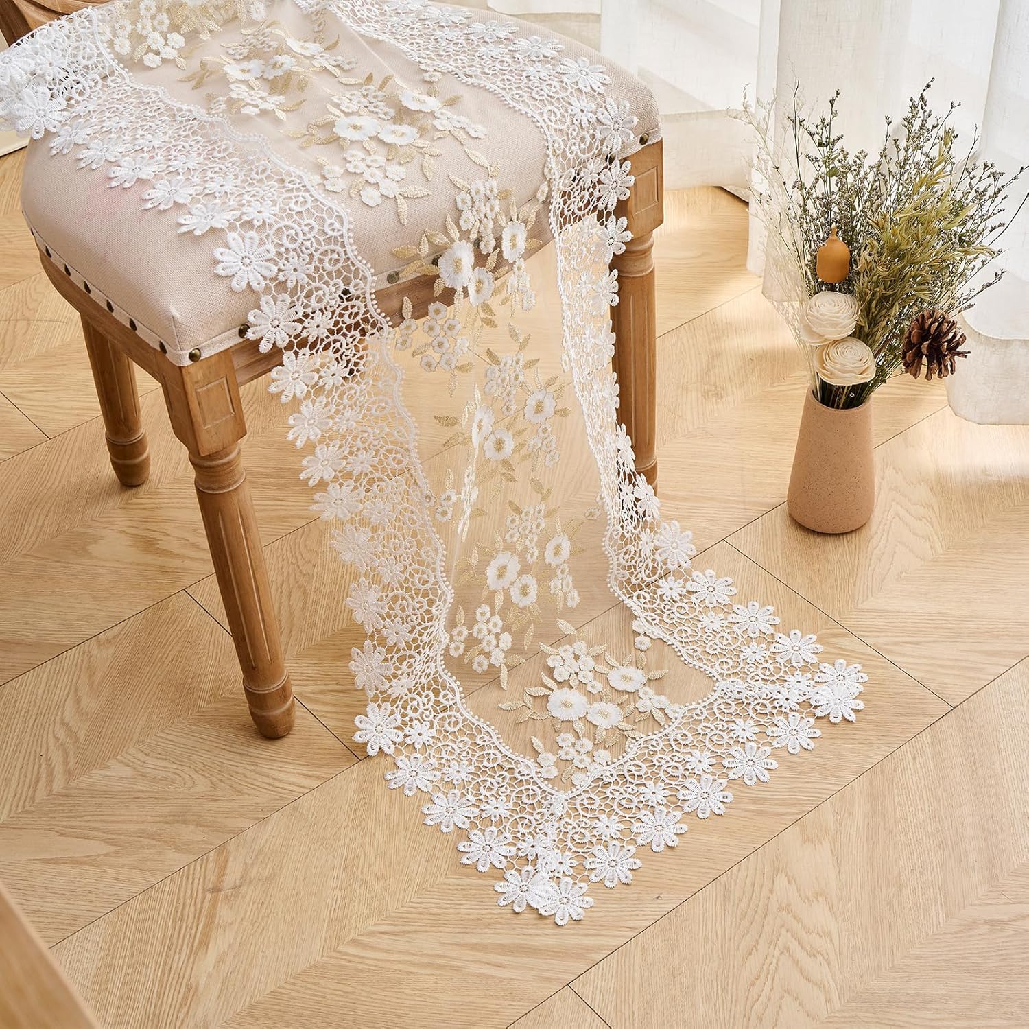 White Floral Lace Table Runner 108 inches Dresser Scarf for Spring Easter Summer Kitchen Wedding Party (Ivory, 16”x108”)