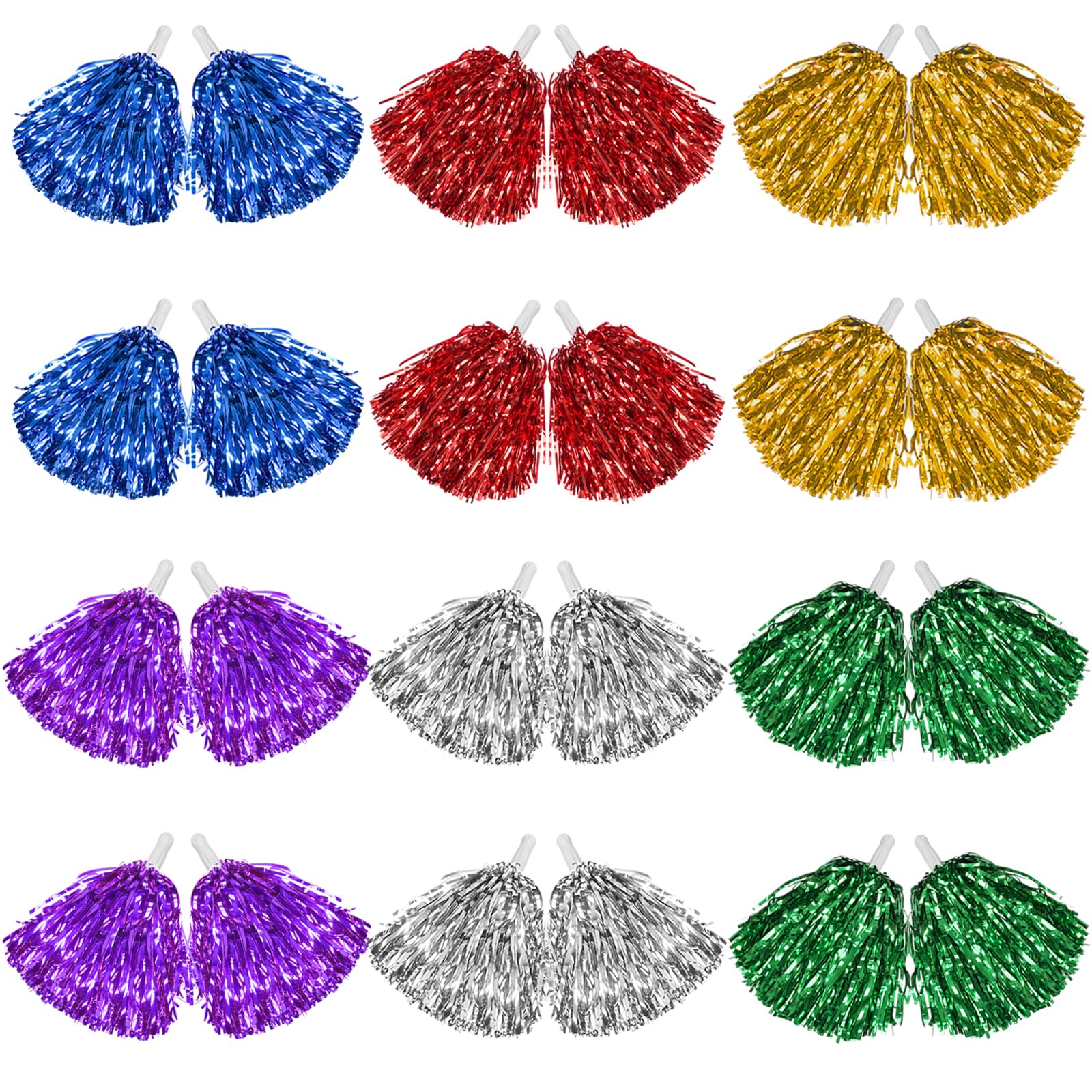 DILIBRA 24 Pcs Metallic Cheerleading Pom Poms with Baton Handle (Multicolor