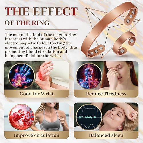 Vista 19 de Pulsera de cobre para mujer, pulseras magnéticas y anillos magnéticos con 3500 imanes Gauss, 100% cobre puro macizo, regalo de joyería Cobre-Flor