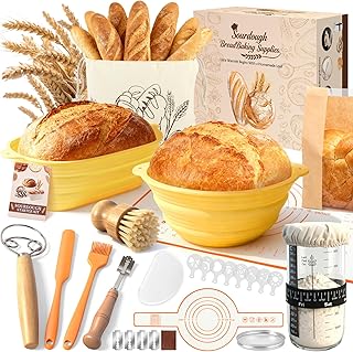 Banneton pour Pain, Corbeille a Pain en Silicone Ovale et Rond, Lot de Panier à Pain de Fermentation, Kit Complet de Démarrage de Pain, Fournitures de Cuisson du Pain