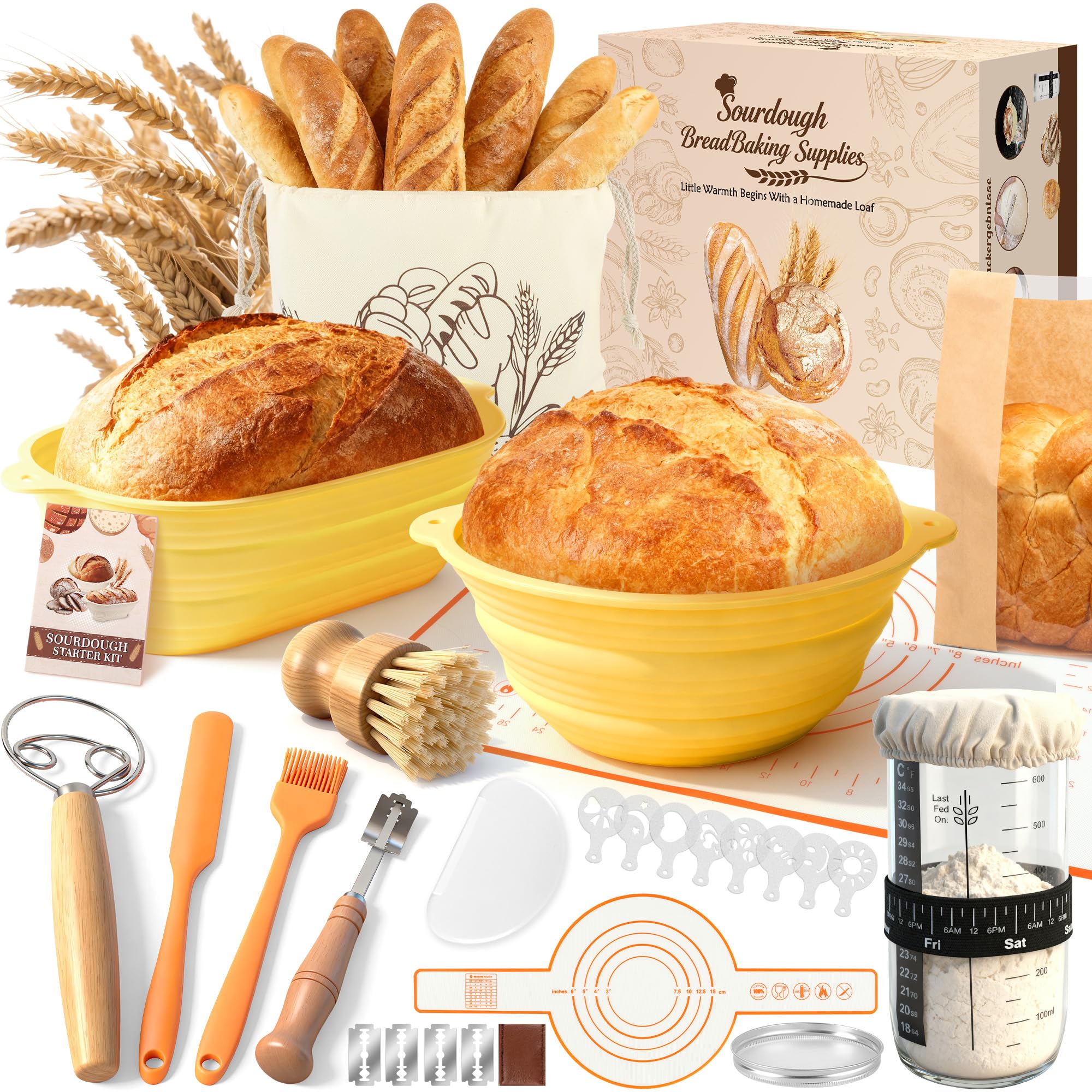 Charmofun Banneton pour Pain, Corbeille a Pain en Silicone Ovale et Rond, Lot de Panier à Pain de Fermentation, Kit Complet de Démarrage de Pain, Fournitures de Cuisson du Pain