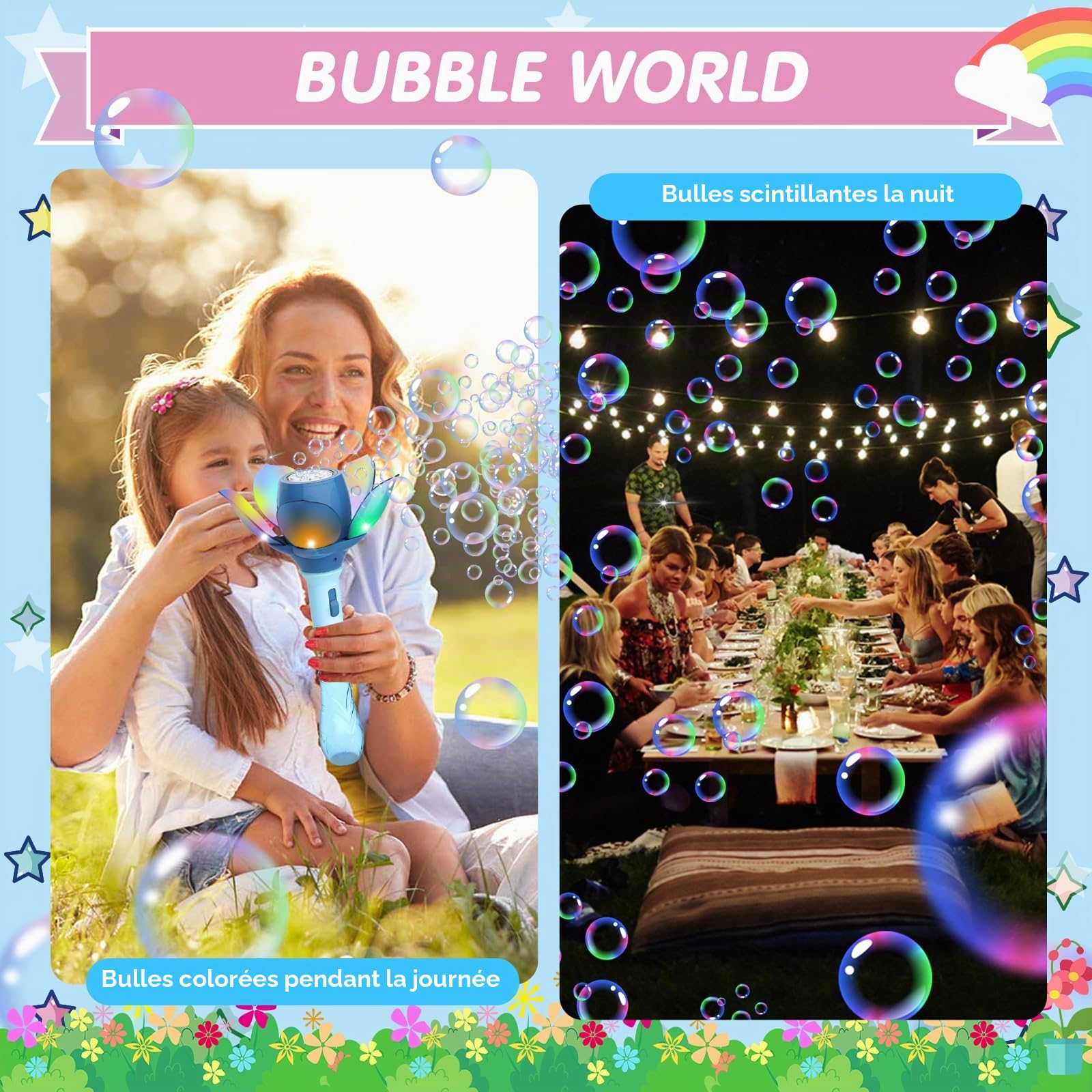 Machine a Bulle, Fleur de Lotus Machine à Bulles Enfants 10000+ Bulles/Minute, Pistolet a Bulles pour Enfant avec 120ml Solution et 8X 10ml Concentré à Bulles (Bleu)