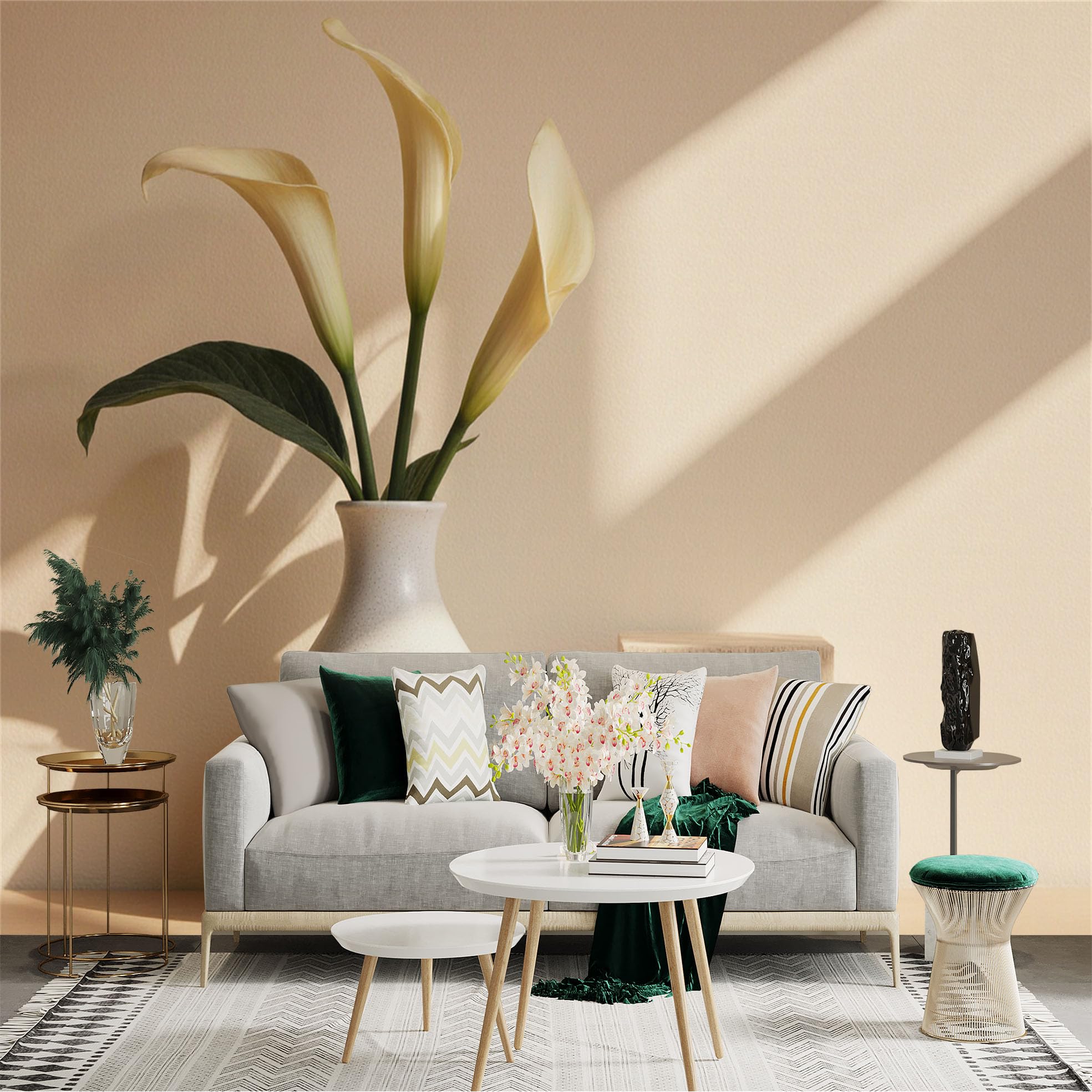 Custom Size Wall Sticker Mural， Minimalist Calla Lily Flowers in Vase， Elegant Beige Aesthetic， Modern Soft Sunlight Shadow， for wall Decoration， peelandstick wall Decals.