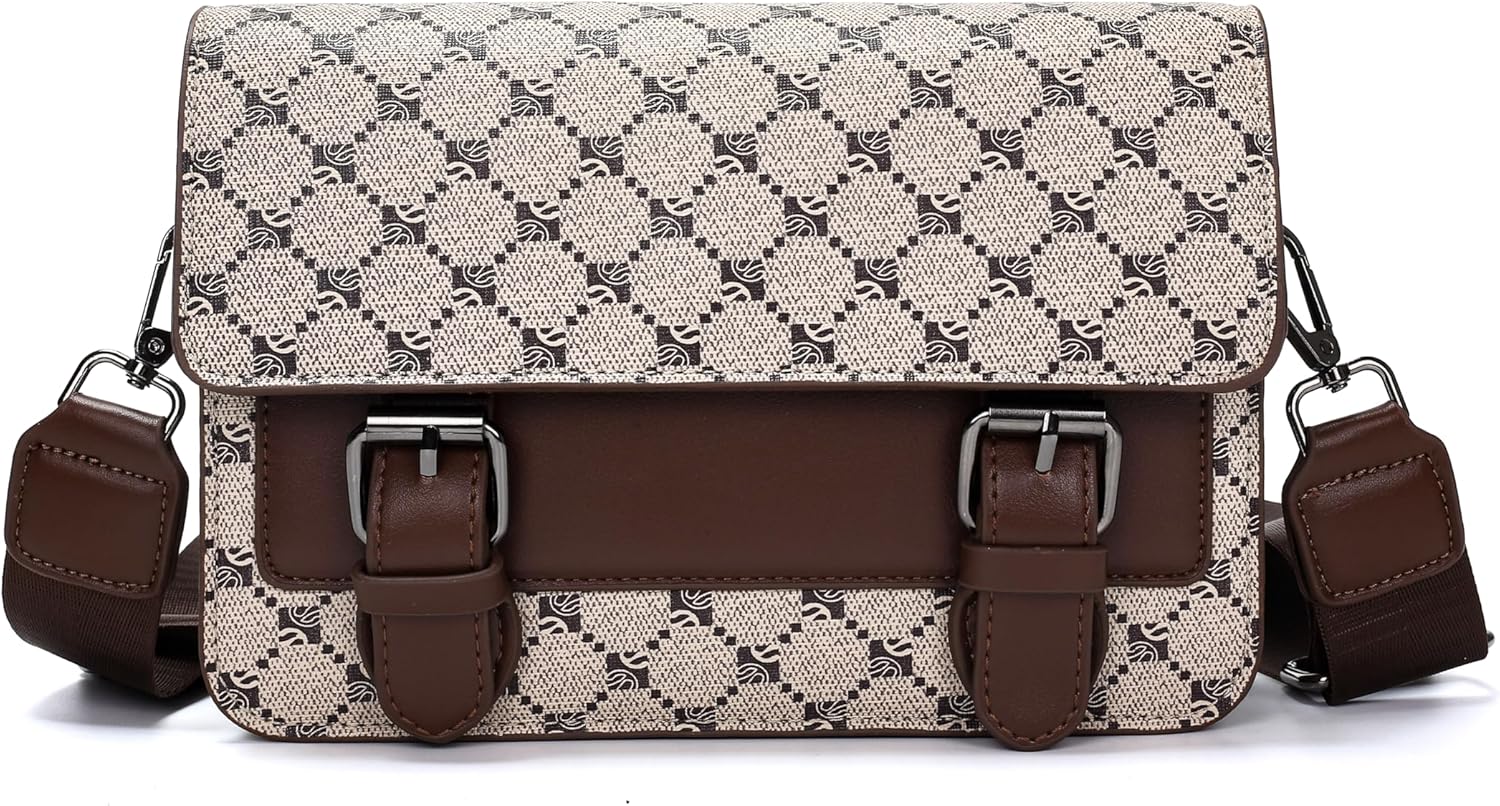 Men's Crossbody Messenger Bag, Patterned Satchel with Double Buckle Flap, Adjustable Striped Strap, 9x6x2.4 Inch