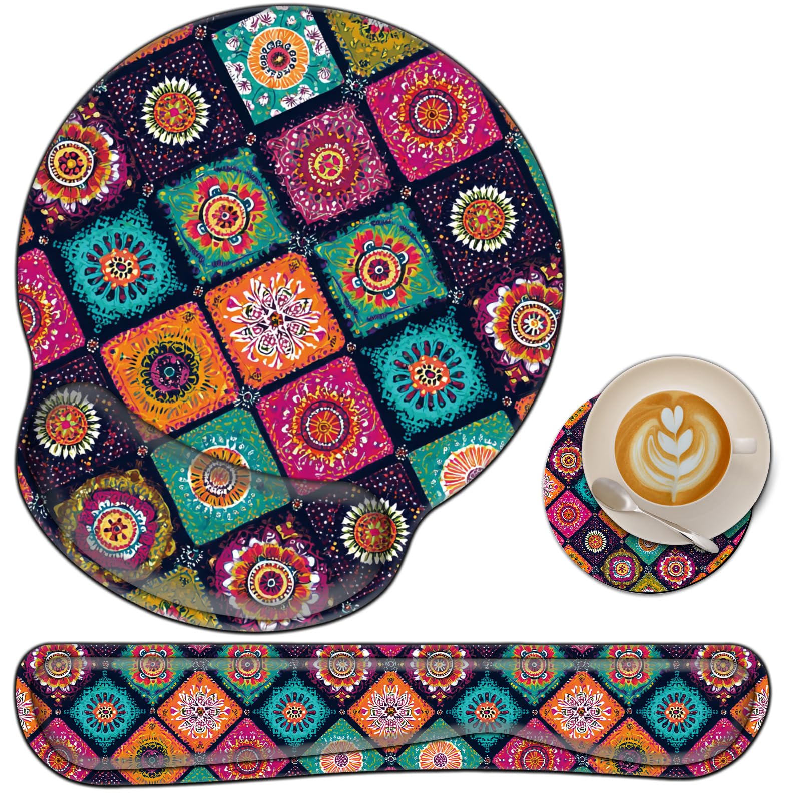 Repose-poignet pour clavier et souris avec dessous de verre - Base antidérapante en polyuréthane avec mousse à mémoire de forme ergonomique surélevée pour taper et soulager la douleur - Mandala floral
