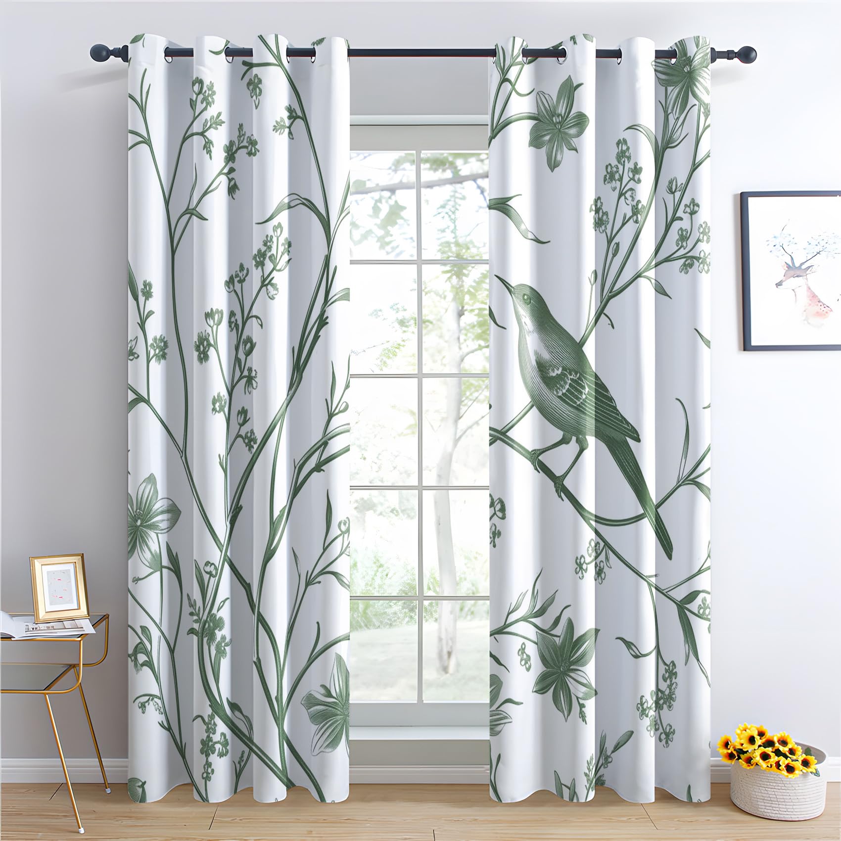 Rideau Occultant Chinoise Verte, Rideau Isolant Thermique pour Salon Chambre, Rideaux Motif Fleurs Oiseaux, Rideau Opaque à Oeillets, Lot de 2 Rideaux et Draperies Intérieur 140x220cm LxH (IQ-&181)