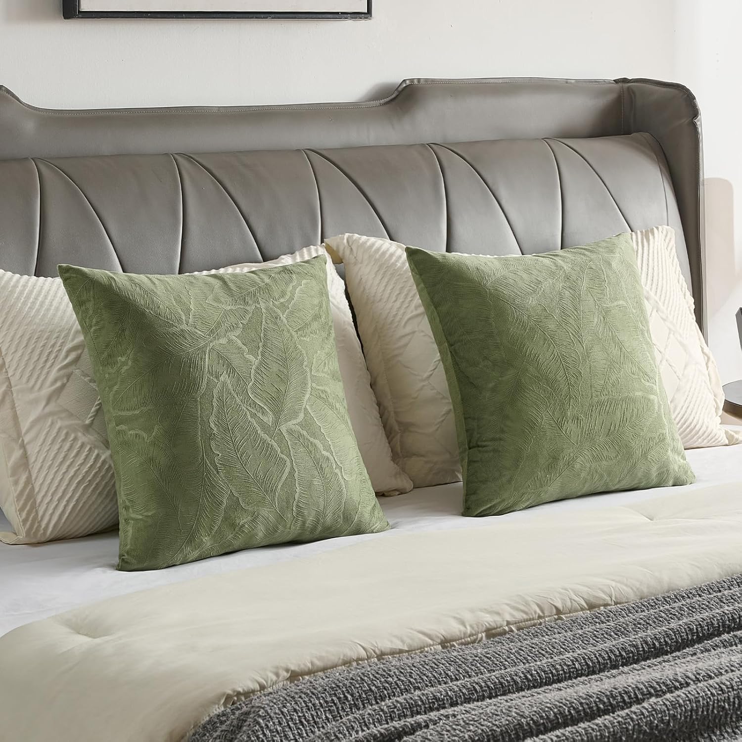 FUTEI Sage Green Velvet Throw Pillow Covers 18x18 Inch Set of 2,Soft Embossed Leaf-Relief Textured Cushion Cases,Natural Home Decor for Couch Living Room - Image 6