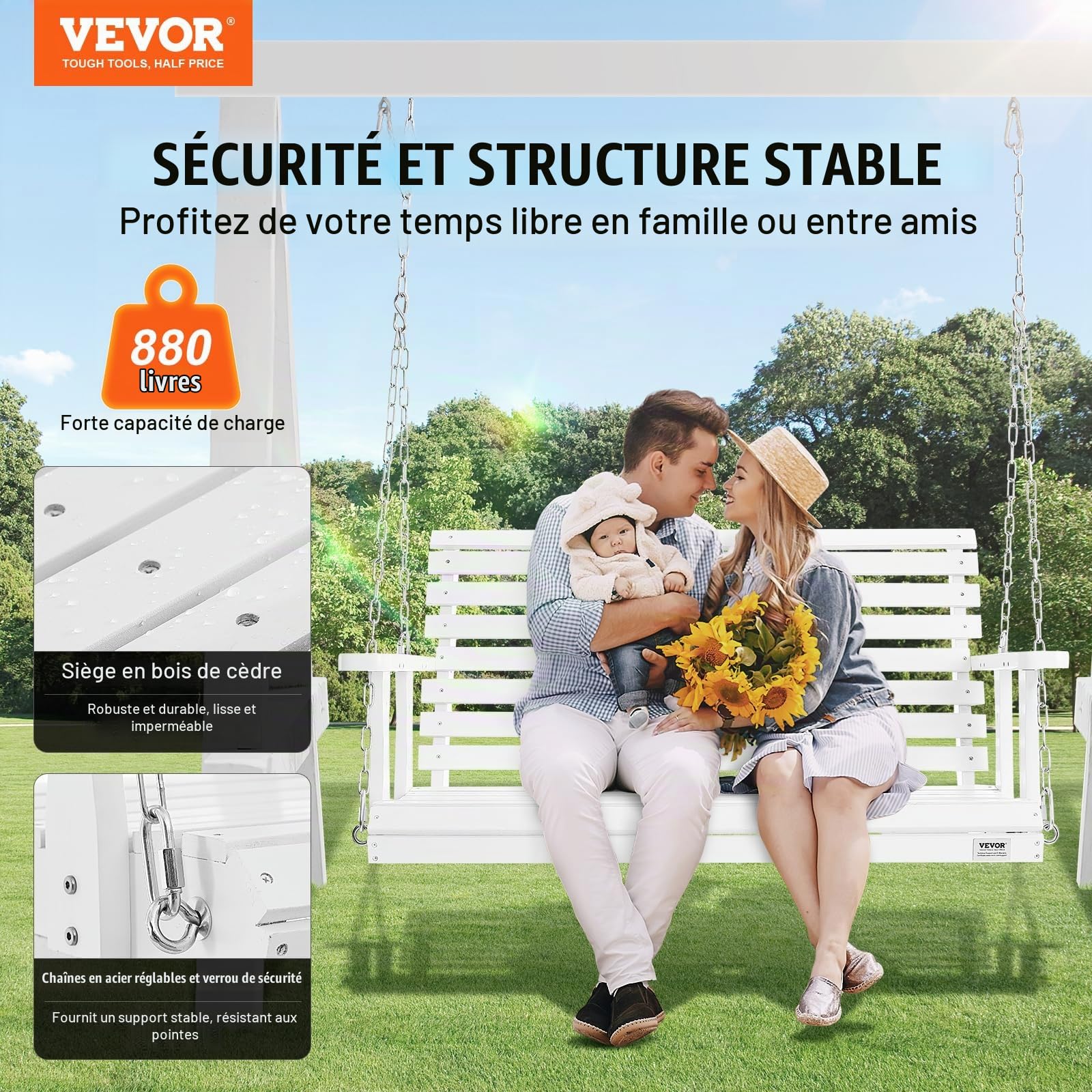 VEVOR Balançoire de Porche en Bois, 1240x710x600 mm, Banc de terrasse pour Cour et Jardin, Forte capacité de Charge 400 kg, Banc de balançoire Robuste avec chaîne de Suspension pour extérieur, Blanc