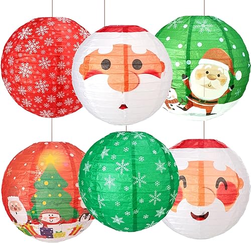 Frienda 6 linternas de papel colgantes de Navidad, decoración colorida redonda de Papá Noel, copo de nieve, muñeco de nieve, árbol de Navidad,