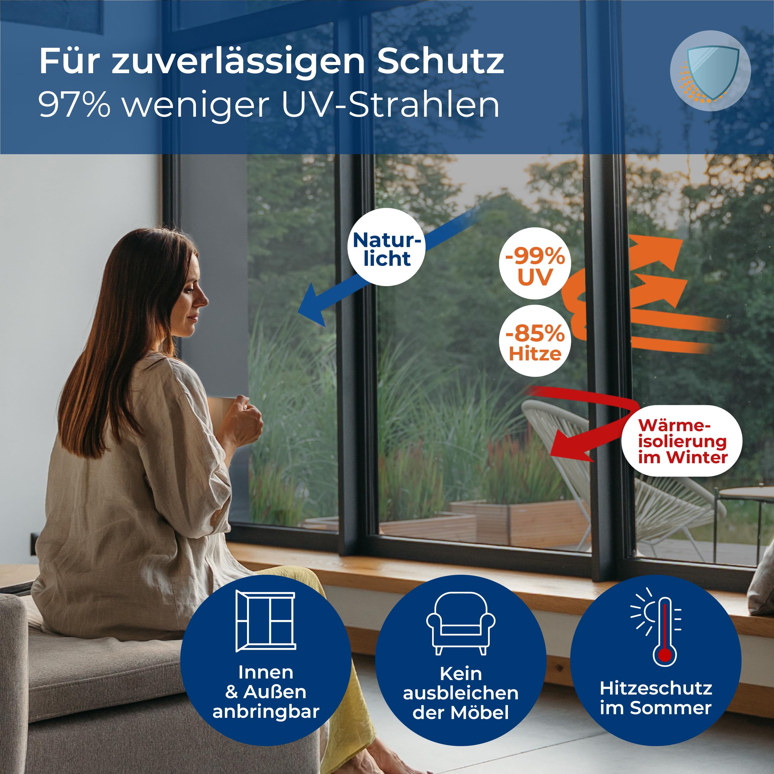 WindowShield® UV Sonnenschutzfolie für Fenster 90 x 200 cm selbstklebend blickdicht Hitzeschutzfolie