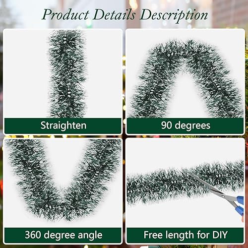 Miniatura 6 de Guirnalda de Navidad verde oscuroblanco de 26.4 pies, decoraciones de oropel de Navidad, decoraciones de árbol de Navidad, guirnalda metálica de