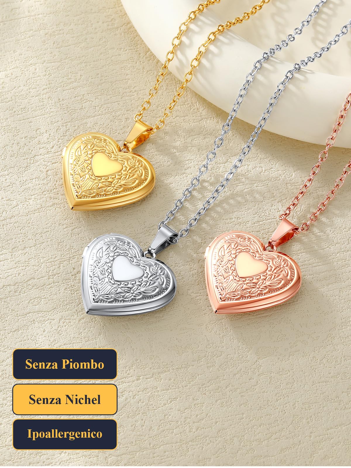 U7 Collana Donna con Foto Personalizzata 4 Stili Ciondolo Medaglione Portafoto Cuore Apribile in Acciaio Inossidabile Argento Rosa Oro Collana Personalizzata con foto Regalo per Mamma Donna Ragazza