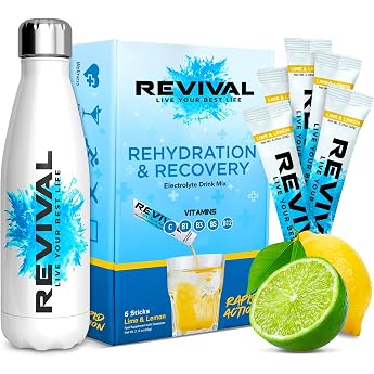 Revival Rapid Rehydration Starter Pack - 500 ml Steel Water Bottle with 1 x 6 Packs Electrolytes Powder Sachets - Lemon