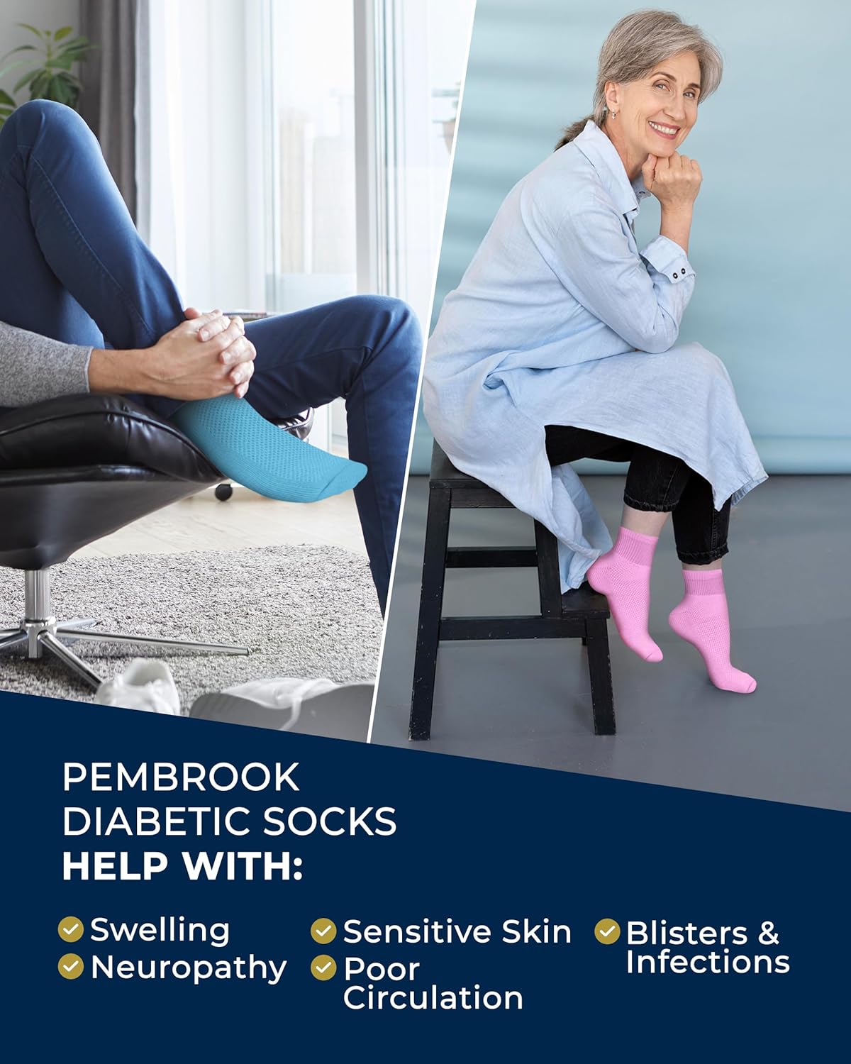 Pembrook Ankle Diabetic Socks for Women & Men | 6 Pairs | Wide Non Binding Socks Quarter Length | Edema Neuropathy Socks - Image 4