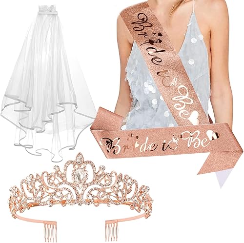 Corona de oro rosa + banda de novia + velo, decoración de despedida de soltera, regalos de novia para novia, velo de boda, velo de despedida de