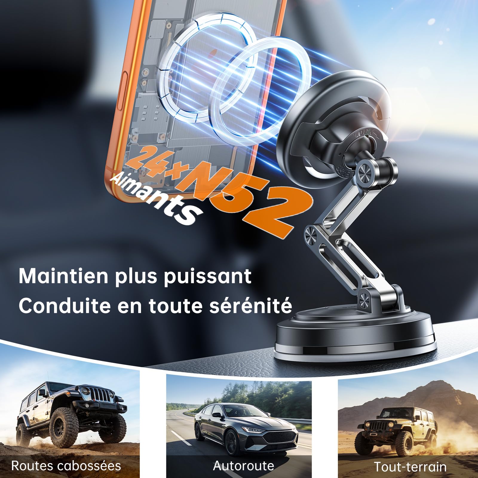 SYNCWIRE Support Téléphone Voiture Magnétique MagSafe, 3 Axes, Ventouse Remplaçable (Tableau De Bord/Pare-Brise), Rotation 360°, Pliable, Pour iPhone 17–12 Pro Max Plus