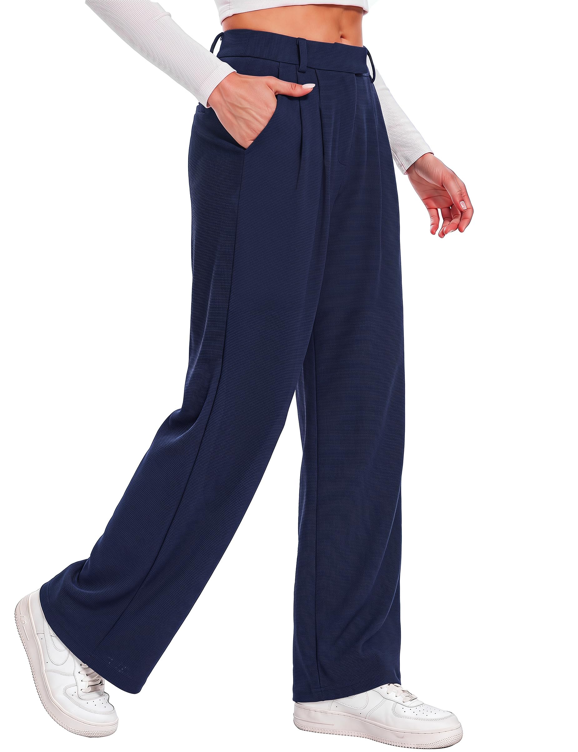 Litherday Sommerhose Damen Leicht Weite Hosen Stoffhose High Waist Palazzo Hose Waffelstrick Locker Casual Freizeithose mit Taschen S-XXL