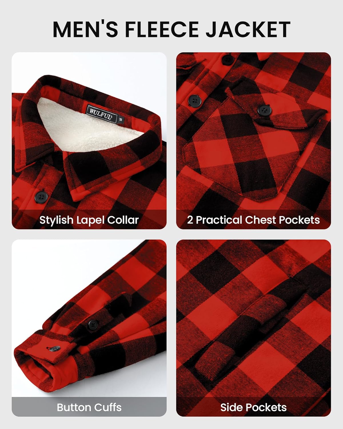 WULFUL Men's Flannel Fleece Jackets Sherpa Lined Shirt Jacket Plaid Jackets Shacket Winter Outerwear Warm - Image 6