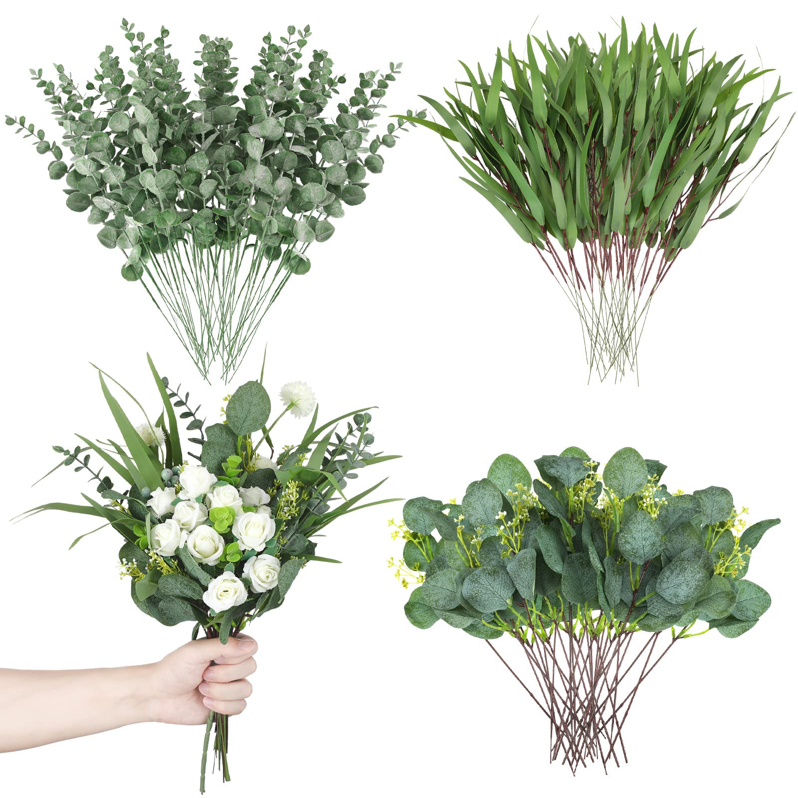Xunyee 96 pcs mixed fake silver dollar eucalyptus stems artificial