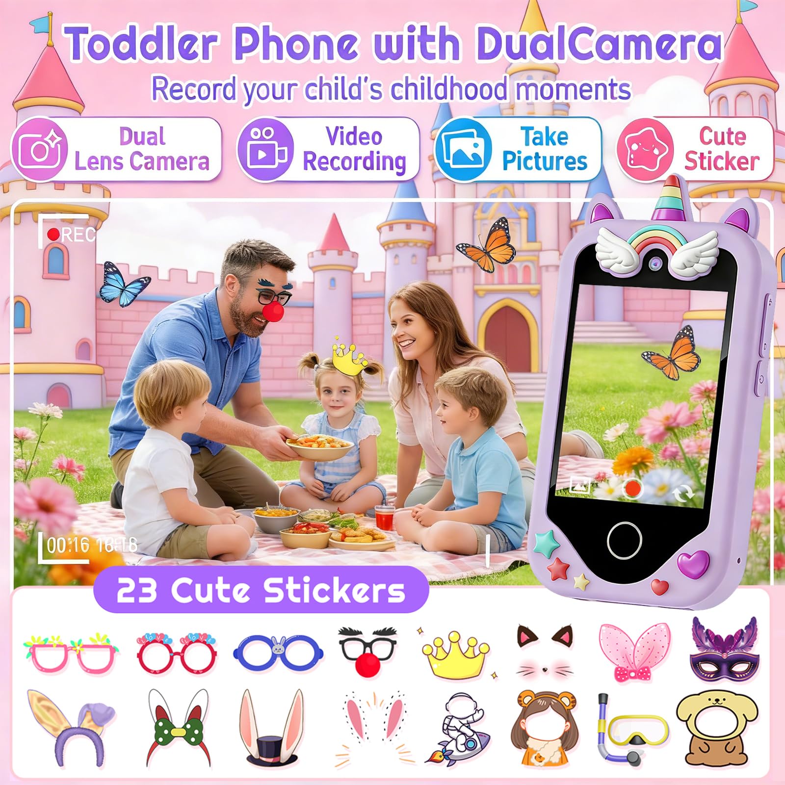 Kinder Smartphone für Mädchen, Kinder Telefon Spielzeug mit Touchscreen, Kinder Weihnachtsgeburtstagsgeschenk für Alter 3-8 Jahre alt, Dual-Kameras, Lernen, Musik-Player, Spiele, Lila