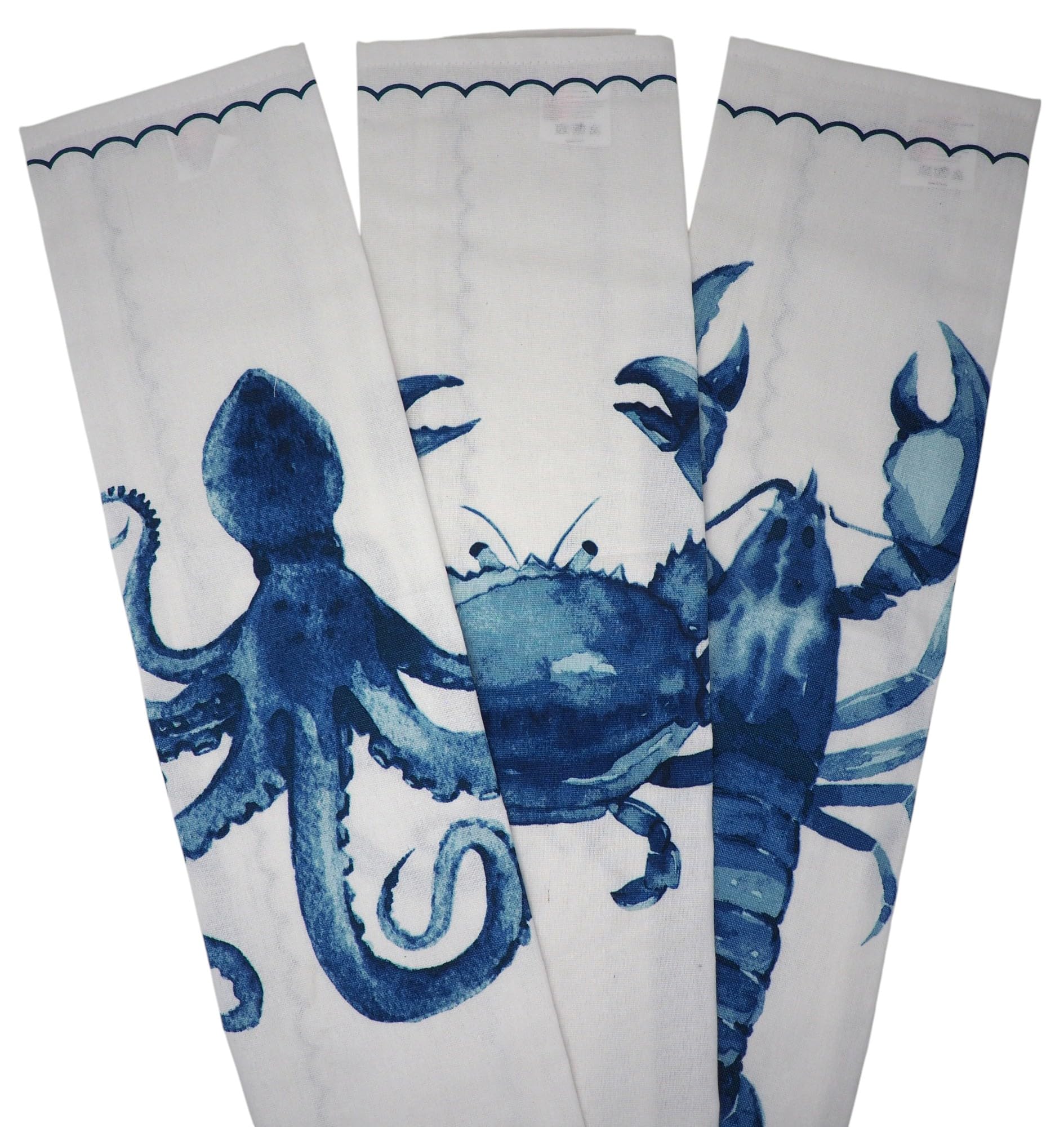 Sil Interiors Blue Coastal Nautical Sea Creature Sealife Tea Towels White - Set Of 3