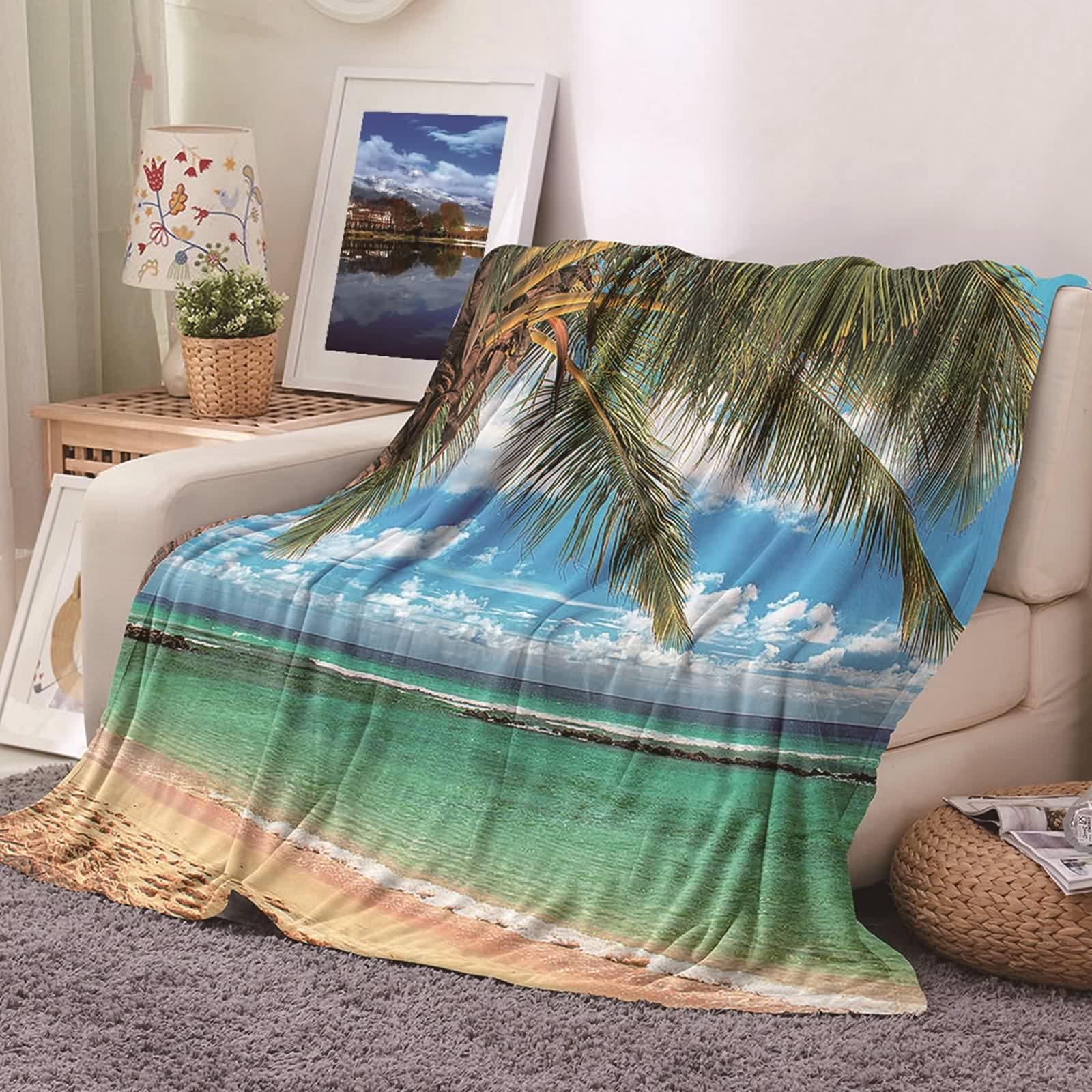 Plaid couverture polaire flannel pour lit et canapé ambiance plage bleu vert