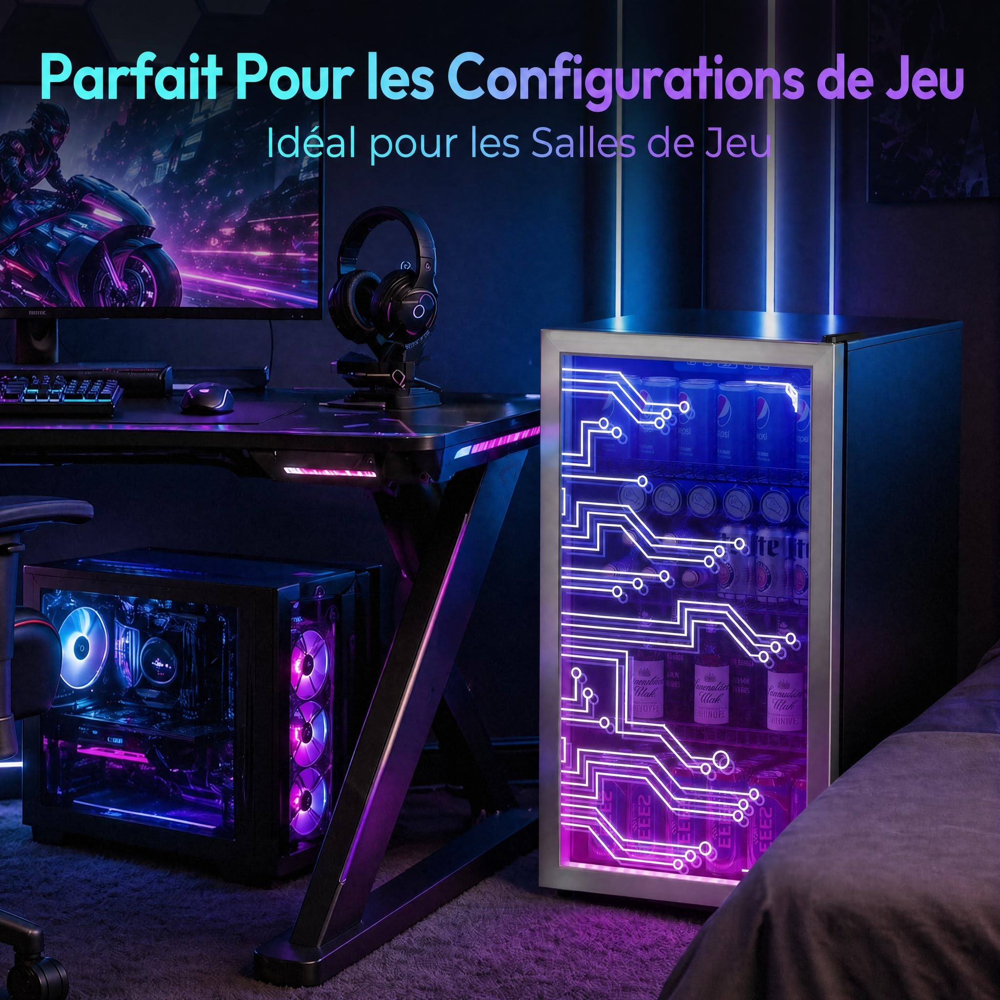 TRIUMPHKEY Réfrigérateur à boissons 90L – porte vitrée et éclairage LED RGB